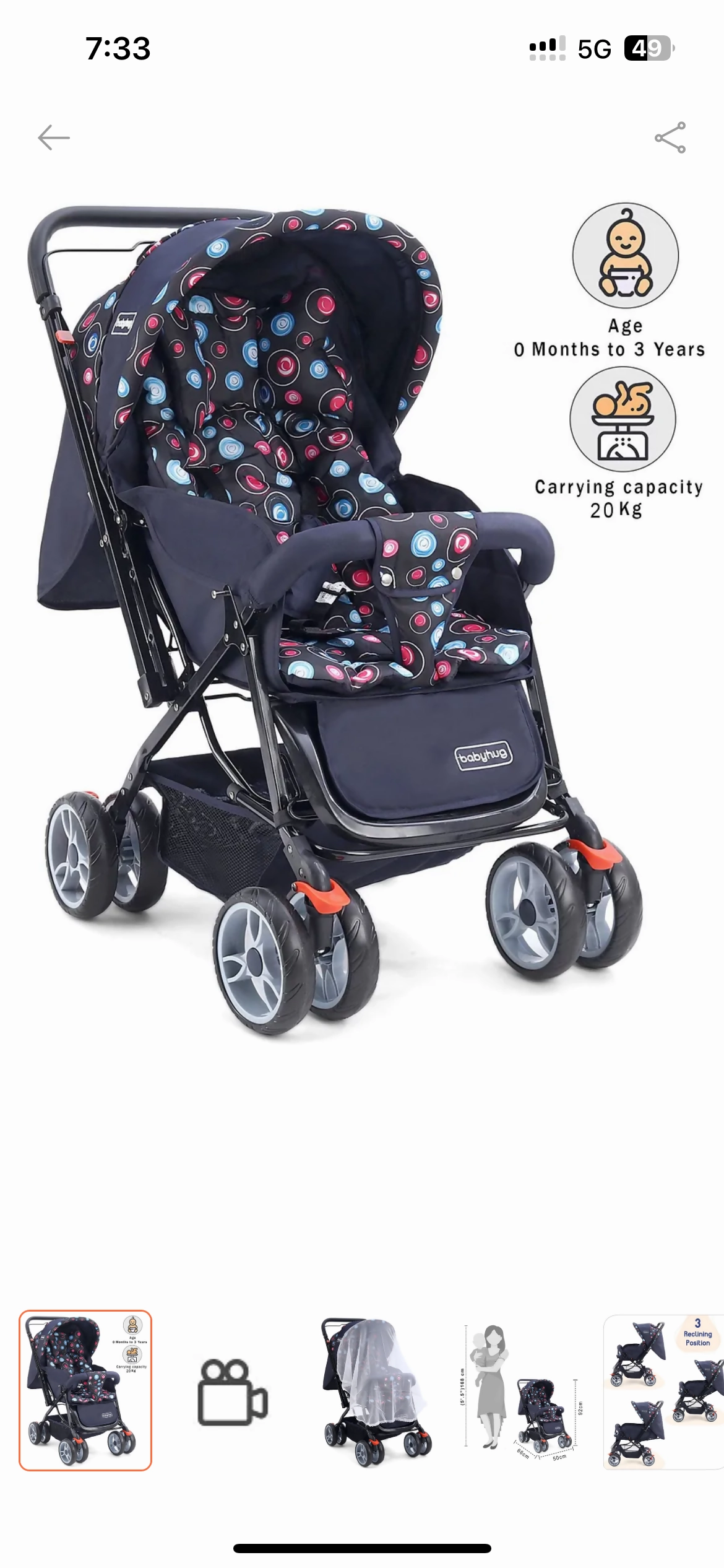 BABYHUG  Comfy Ride Stroller/ Parm  with Reversible Handle