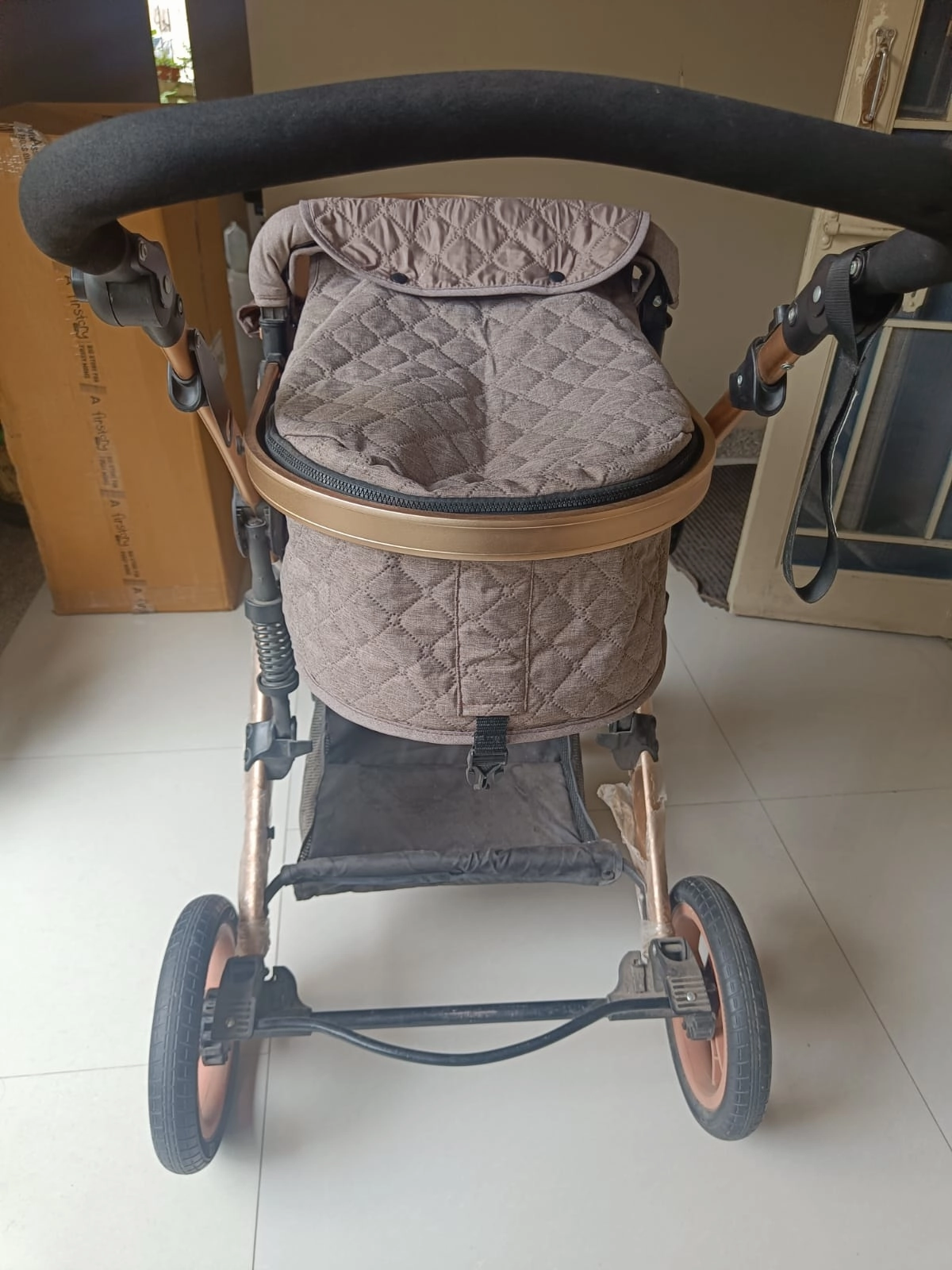 BABYHUG Majestic Stroller/Pram Cum Carry Cot with Canopy - Beige
