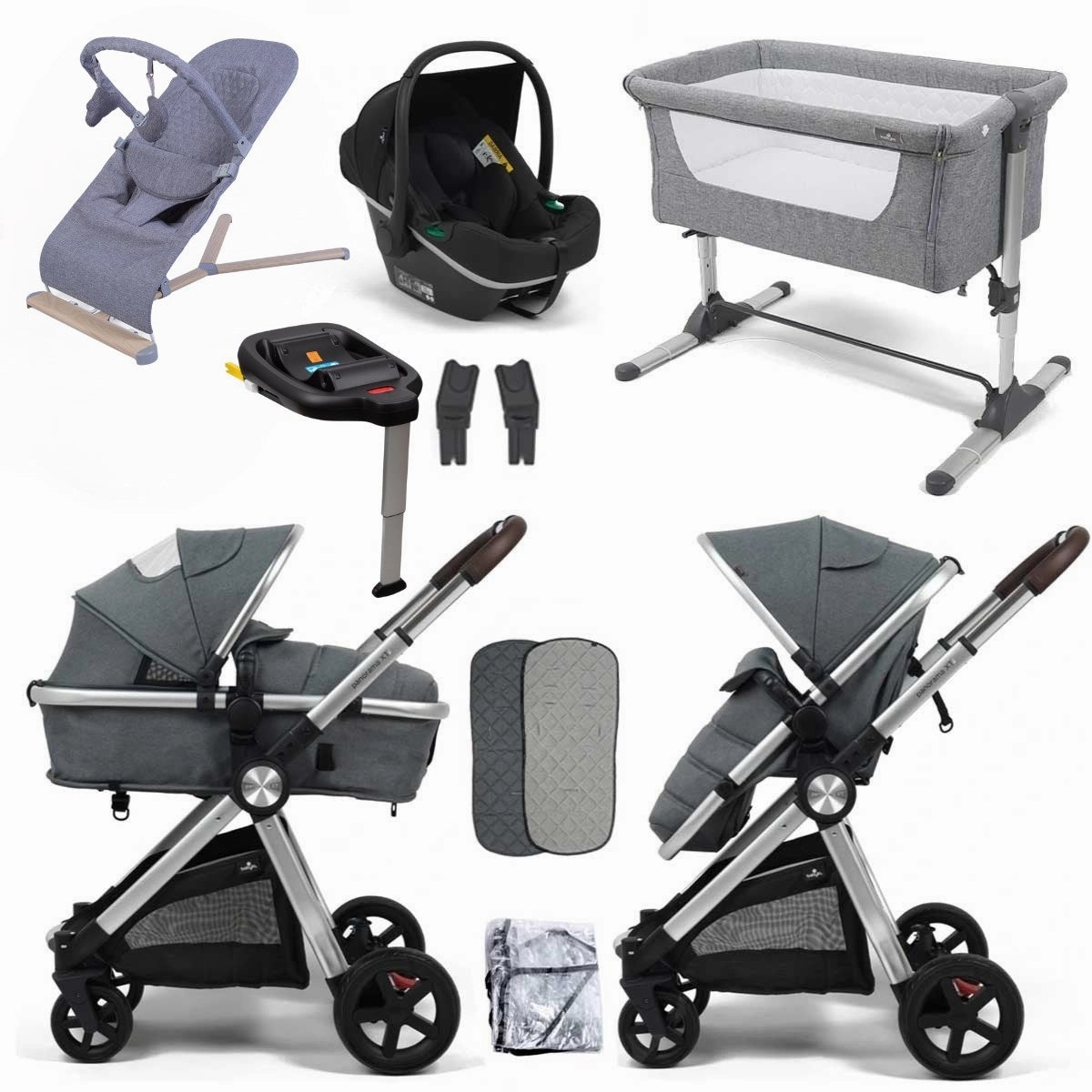 BabyLo Panorama XTi Essential Travel System & Starter Nursery Bundle, Grey on Silver Chassis