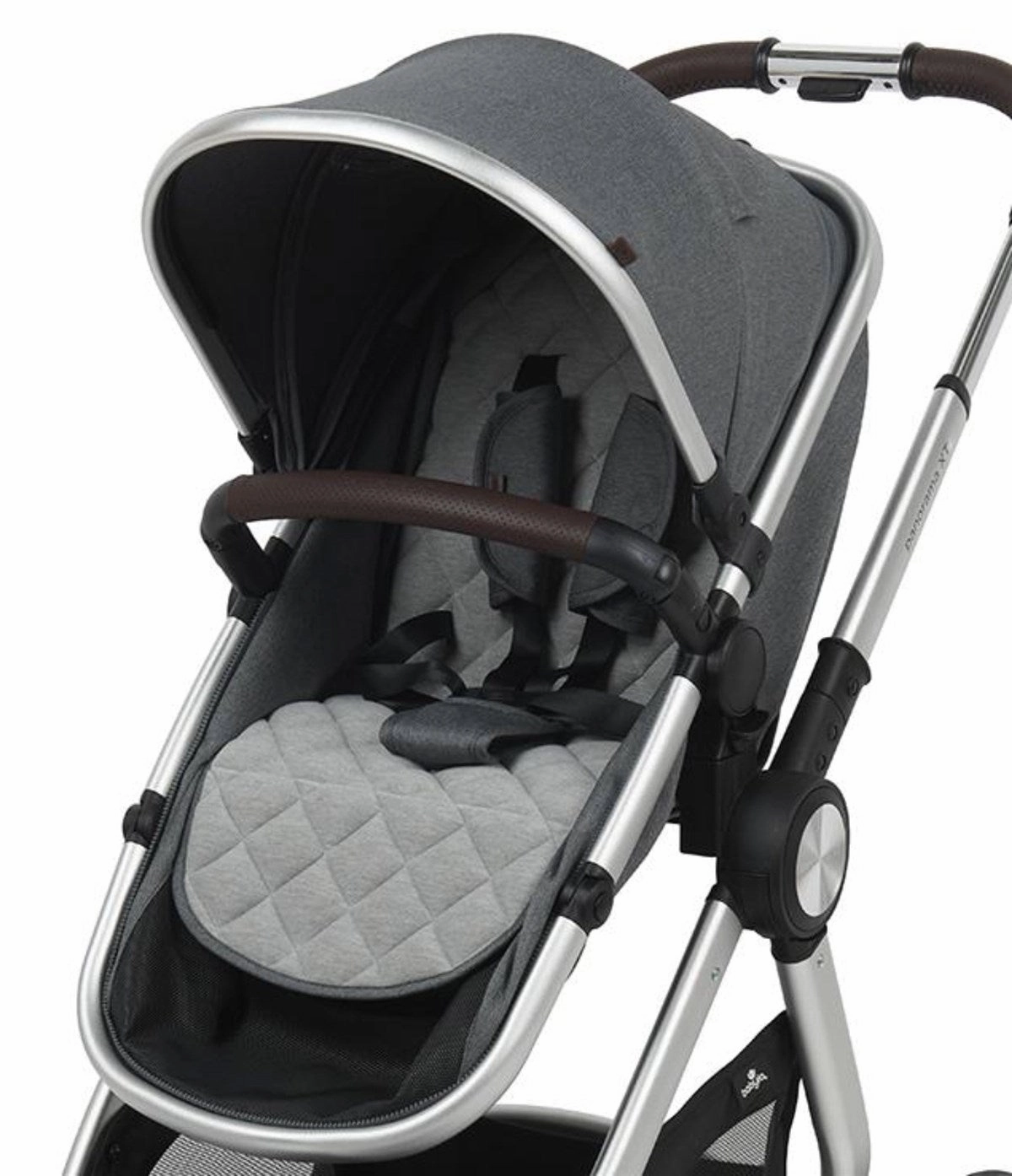 BabyLo Panorama XTi Premium Travel System & Starter Nursery Bundle including Isofix Base 2, Grey on Silver Chassis