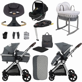 BabyLo Panorama XTi Premium Travel System & Starter Nursery Bundle including Isofix Base 3, Grey on Silver Chassis