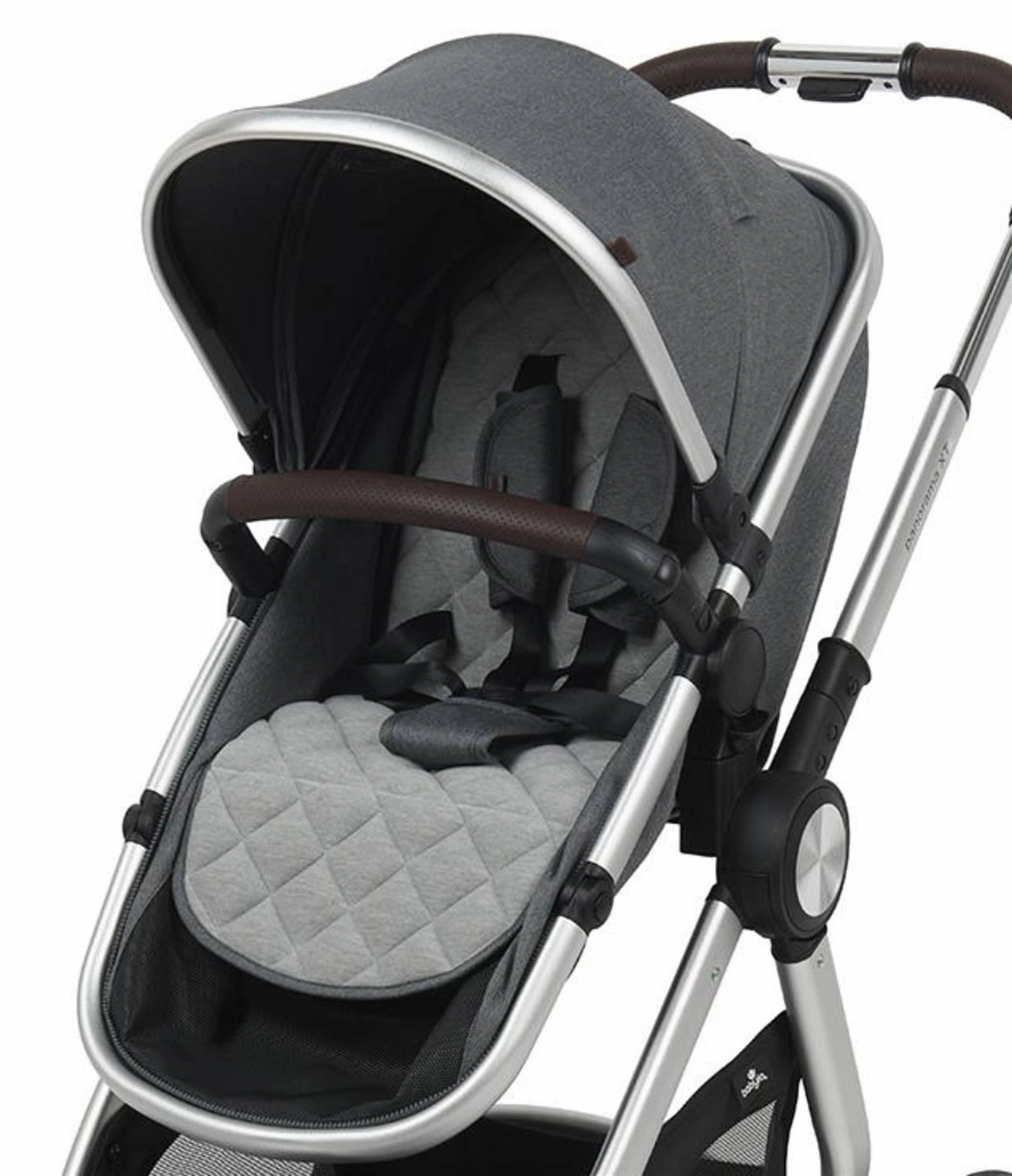 BabyLo Panorama XTi Premium Travel System & Starter Nursery Bundle including Isofix Base, Grey on Silver Chassis