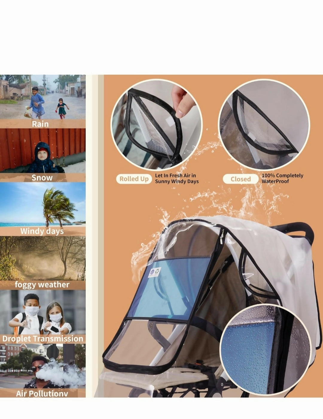 BEMECE Stroller/Pram Rain Cover Universal   Mosquito Net (2-Piece Set), Baby Travel Weather Shield