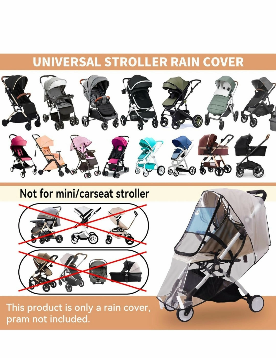 BEMECE Stroller/Pram Rain Cover Universal   Mosquito Net (2-Piece Set), Baby Travel Weather Shield