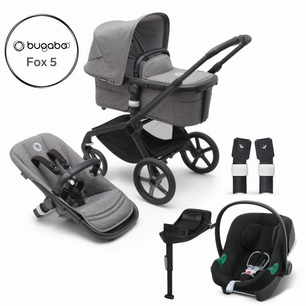 Bugaboo, Fox 5 Complete Travel Bundle w/ Aton B2, Black/Grey Melange