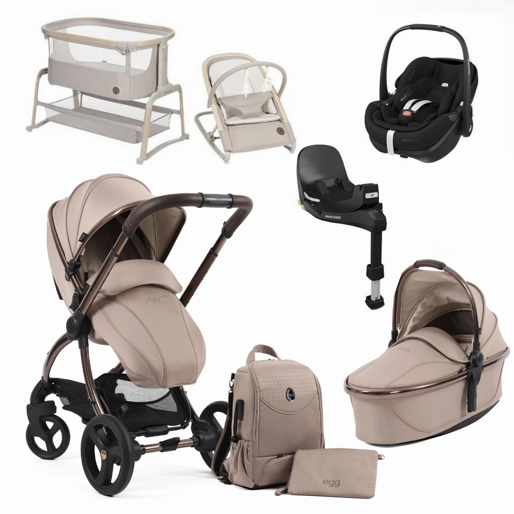 Egg 3 Premium Travel System Bundle in SE Houndstooth Almond, With Car Seat & Base.