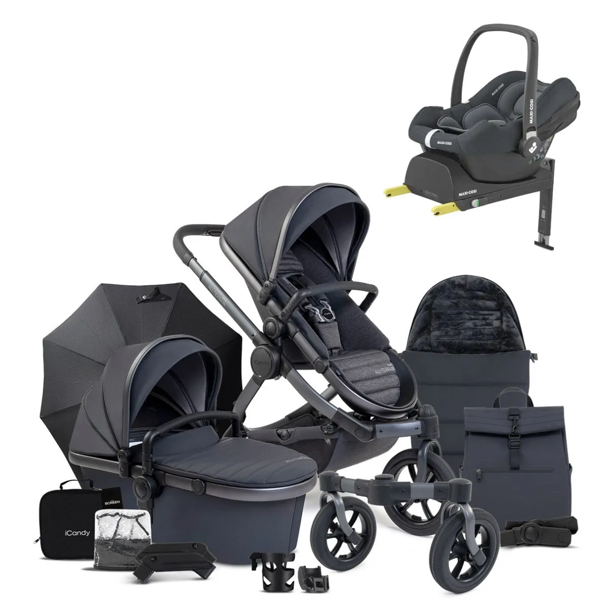 iCandy Peach 7 All-Terrain Complete Bundle   Maxi Cosi Cabriofix iSize Car Seat & Isofix Base - Storm Grey