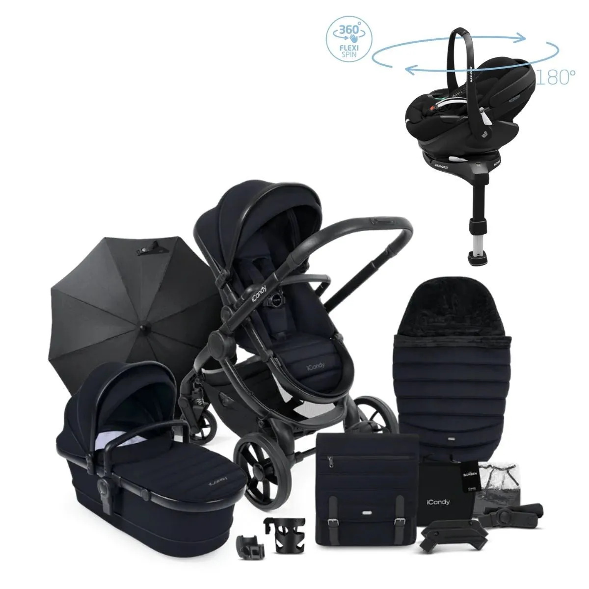 iCandy Peach 7 Luxury Travel System, Maxi-Cosi Pebble 360 Pro2 Car Seat & Base, Black