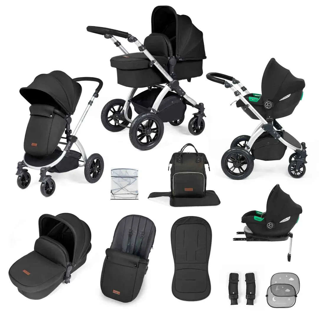 Ickle Bubba Stomp Luxe 12 Piece Travel System with i-Size Cirrus Car Seat & ISOFIX Base  - Black