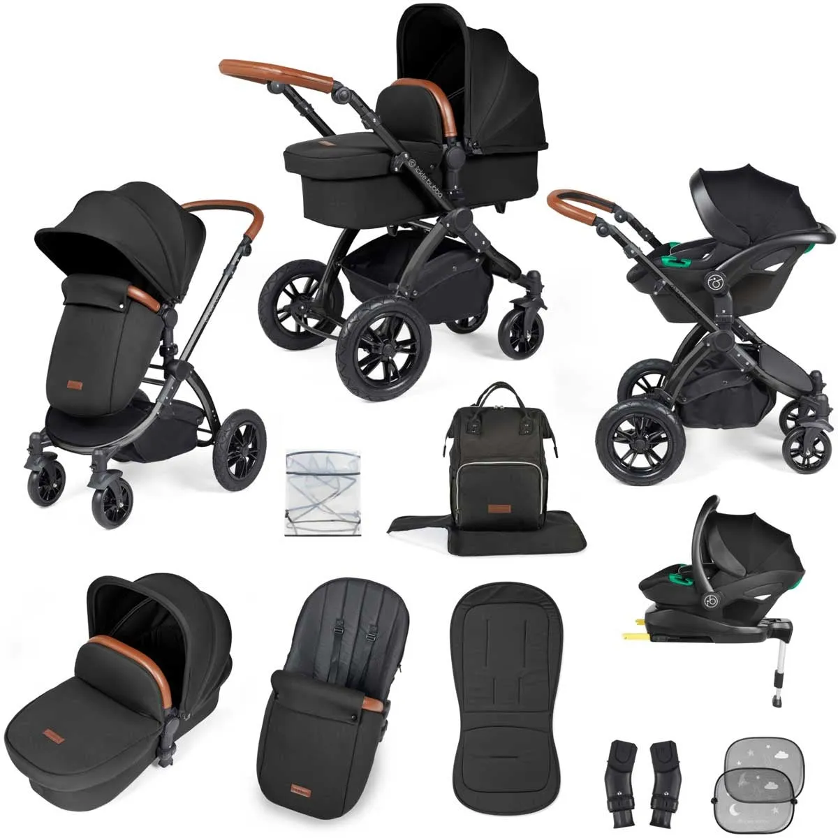 Ickle Bubba Stomp Luxe All-in-One Premium i-Size Travel System with ISOFIX Base, Black / Midnight / Tan