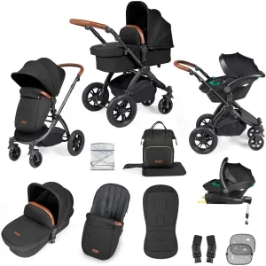 Ickle Bubba Stomp Luxe All-in-One Premium i-Size Travel System with ISOFIX Base, Black / Midnight / Tan