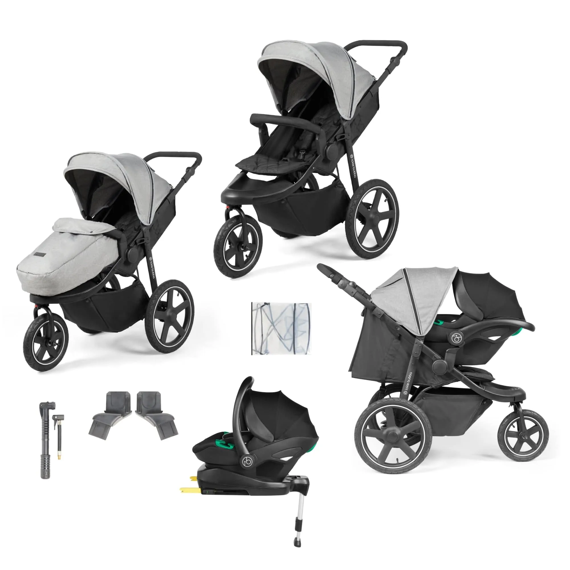 Ickle Bubba Venus Max Jogger Stroller I-Size Travel System - Black/Space Grey with Isofix Base