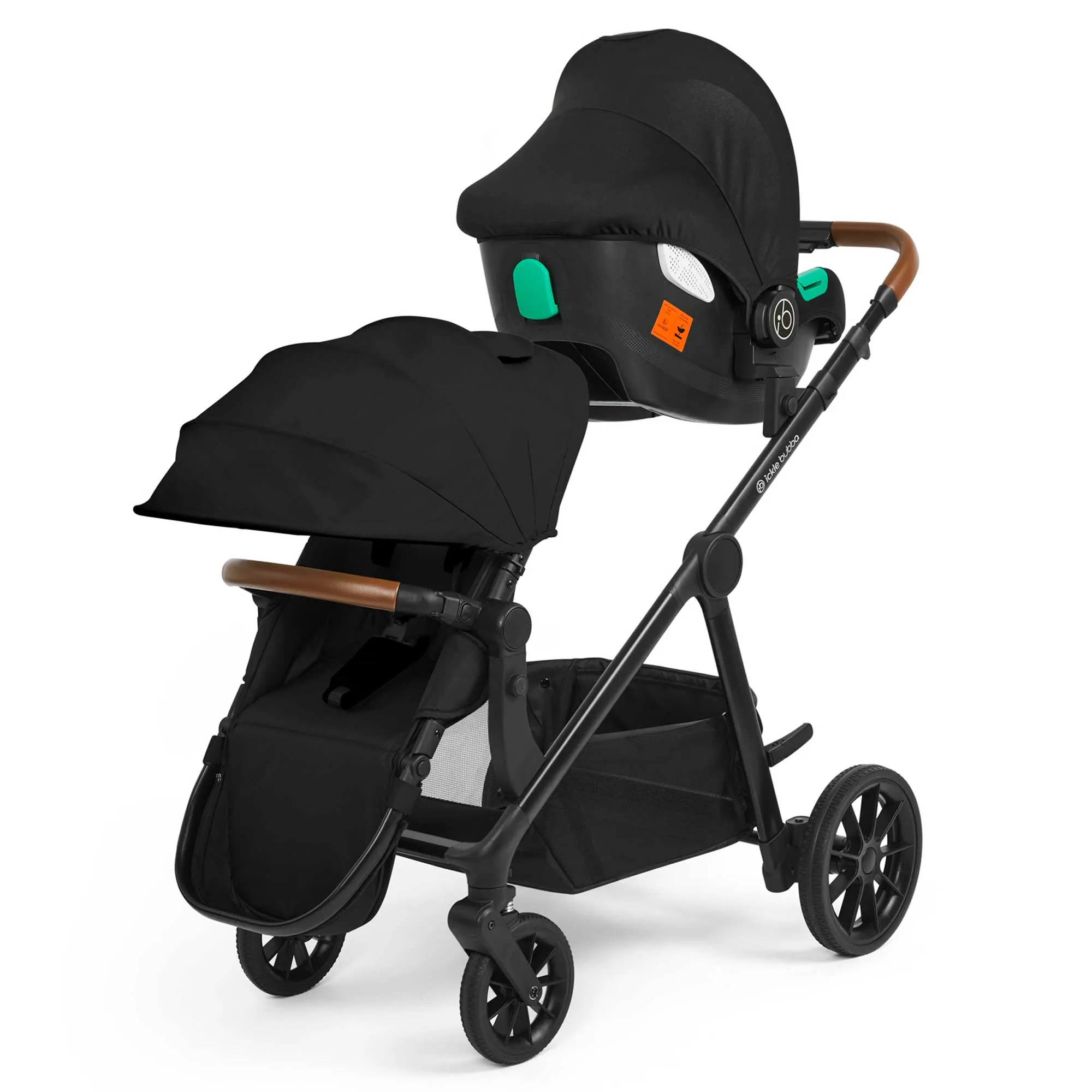Ickle Bubba Virgo Growing Family 14 Piece Travel System with i-Size Cirrus Car Seat & ISOFIX Base - Black/Black/Tan