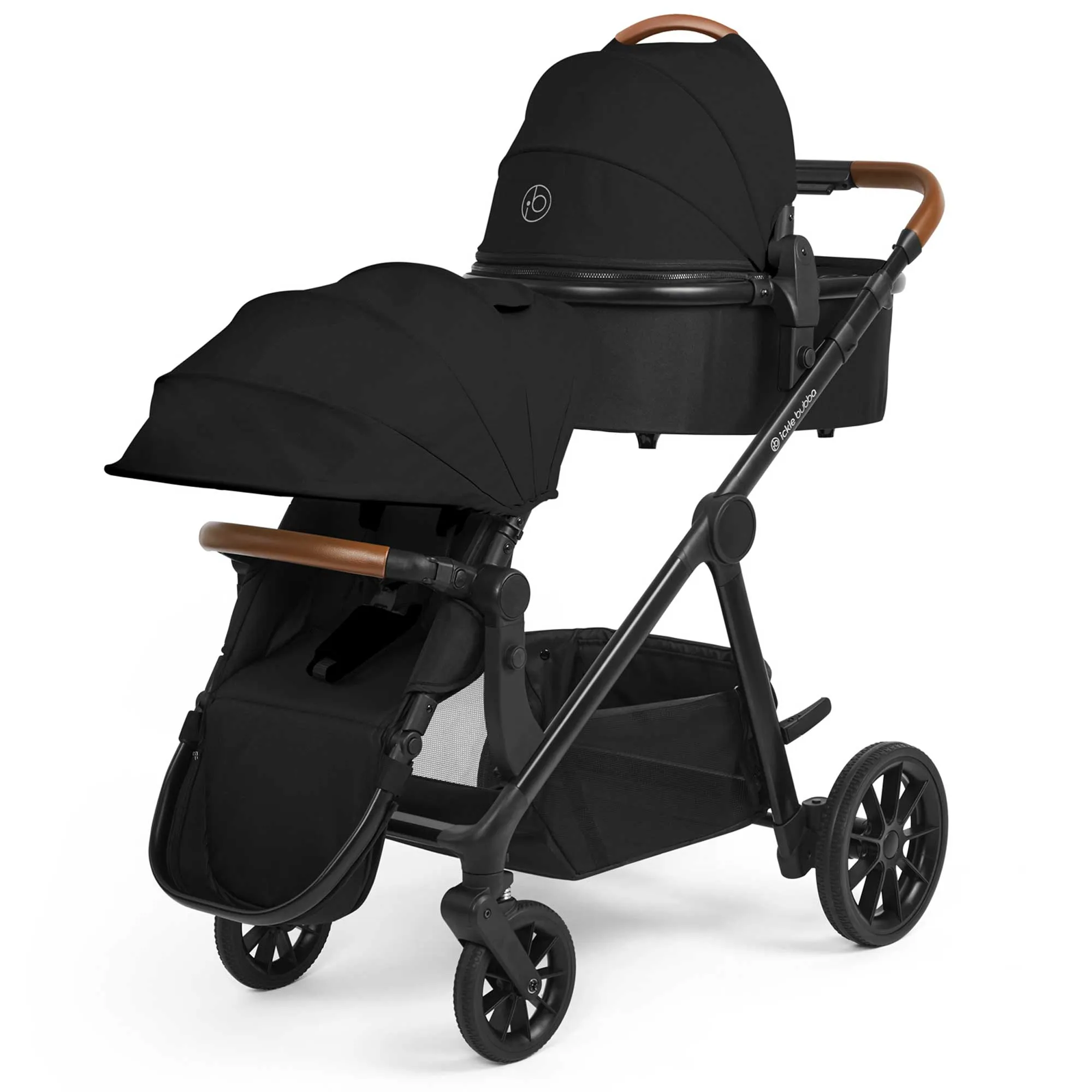 Ickle Bubba Virgo Growing Family 14 Piece Travel System with i-Size Cirrus Car Seat & ISOFIX Base - Black/Black/Tan