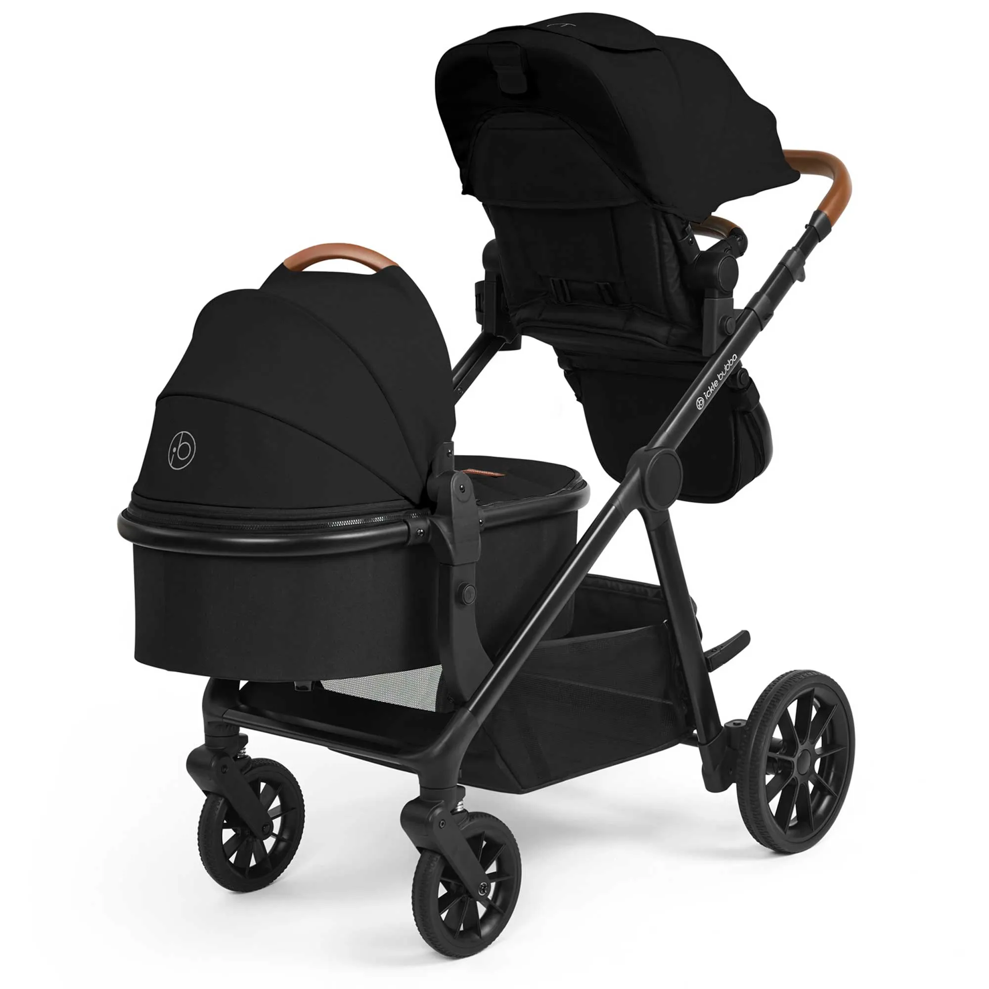 Ickle Bubba Virgo Growing Family 14 Piece Travel System with i-Size Cirrus Car Seat & ISOFIX Base - Black/Black/Tan