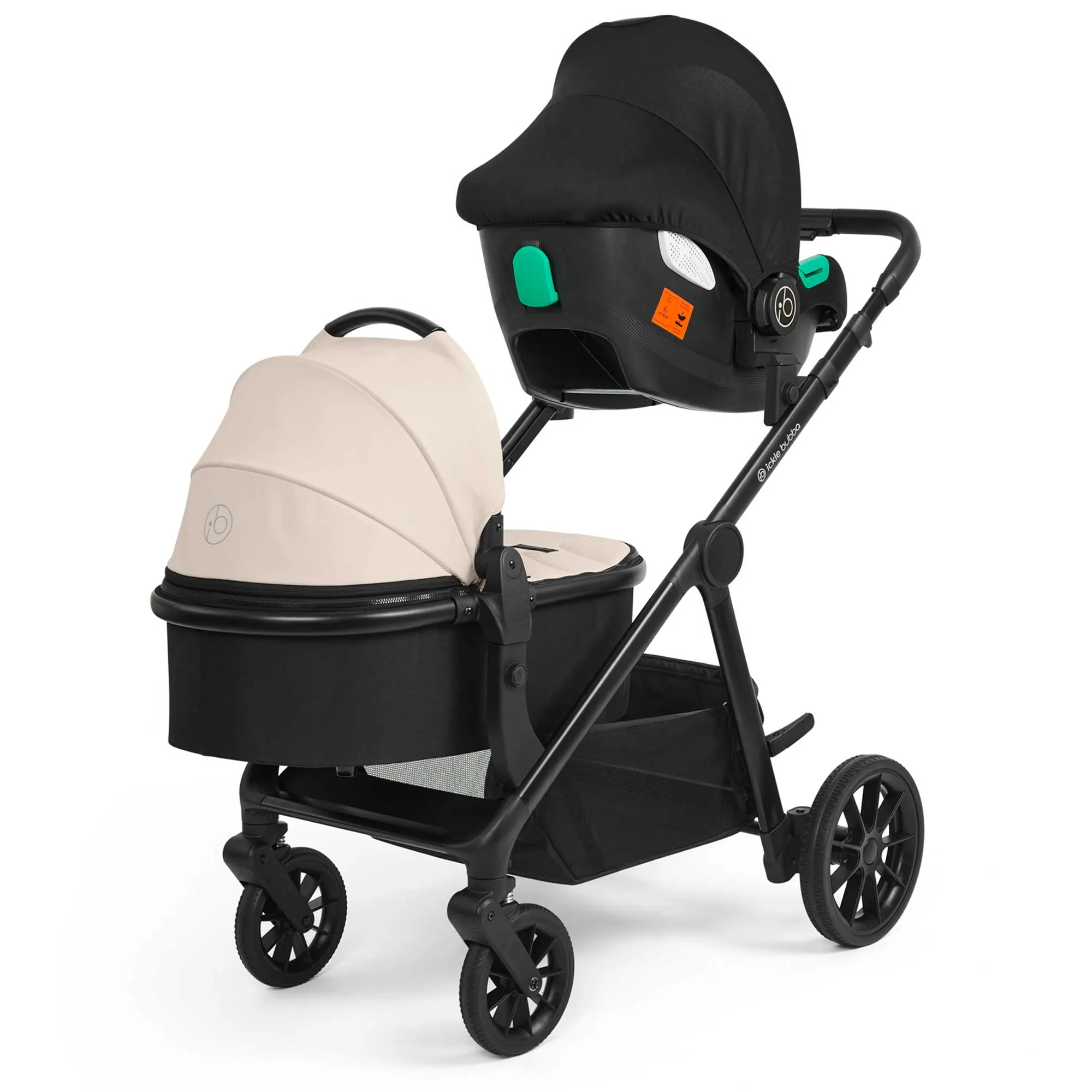 Ickle Bubba Virgo Growing Family 14 Piece Travel System with i-Size Cirrus Car Seat & ISOFIX Base - Black/Stone/Black