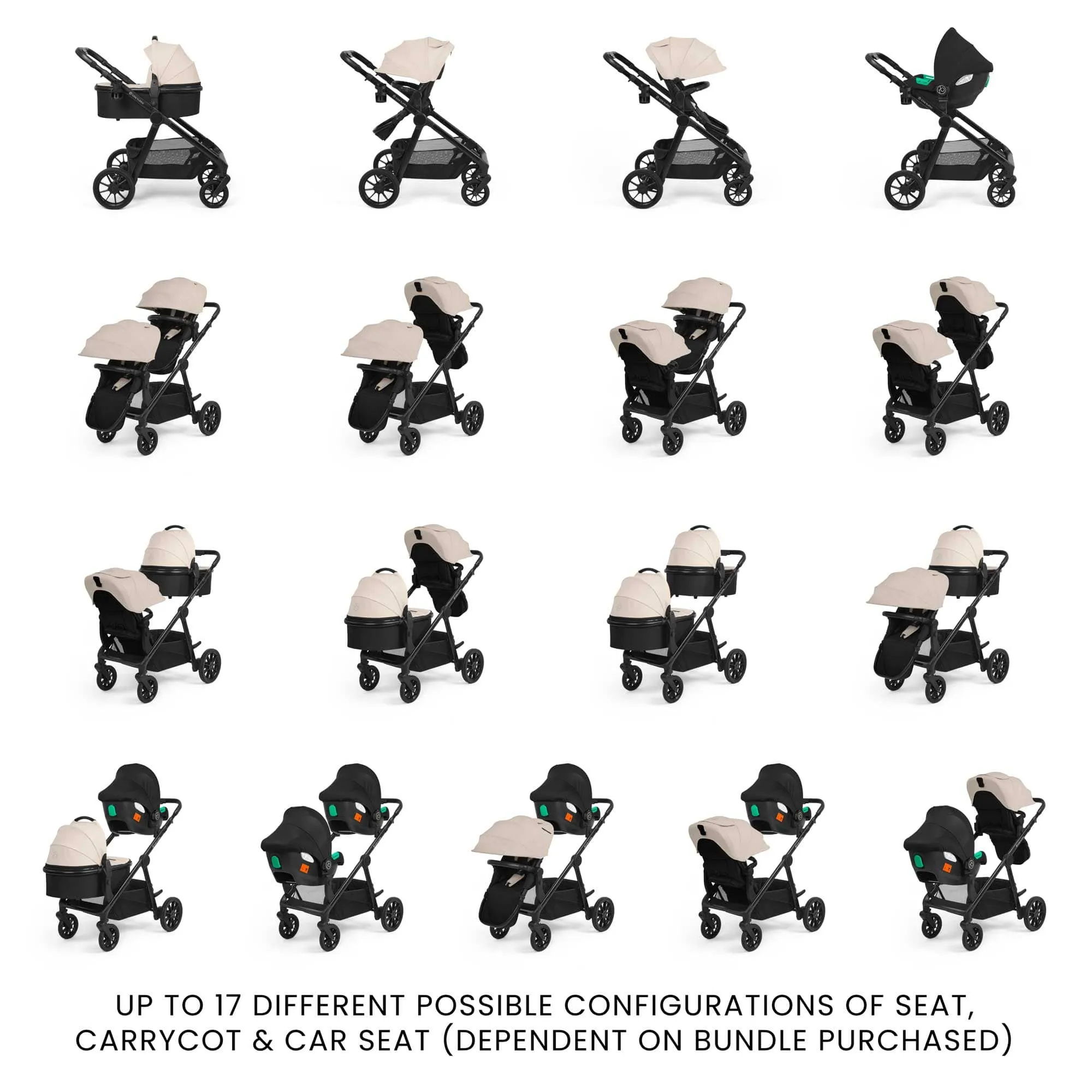 Ickle Bubba Virgo Growing Family 14 Piece Travel System with i-Size Cirrus Car Seat & ISOFIX Base - Black/Stone/Black