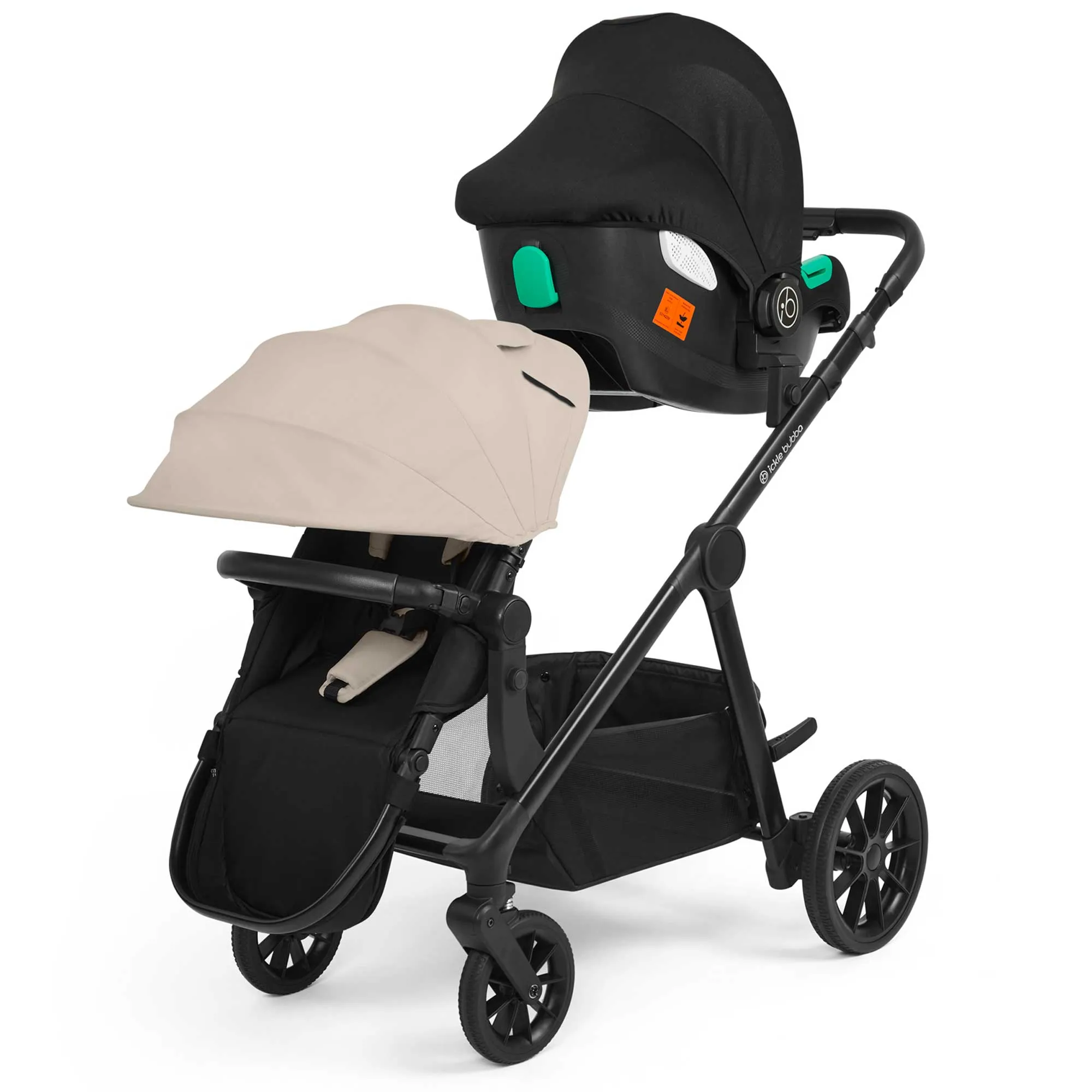 Ickle Bubba Virgo Growing Family 14 Piece Travel System with i-Size Cirrus Car Seat & ISOFIX Base - Black/Stone/Black