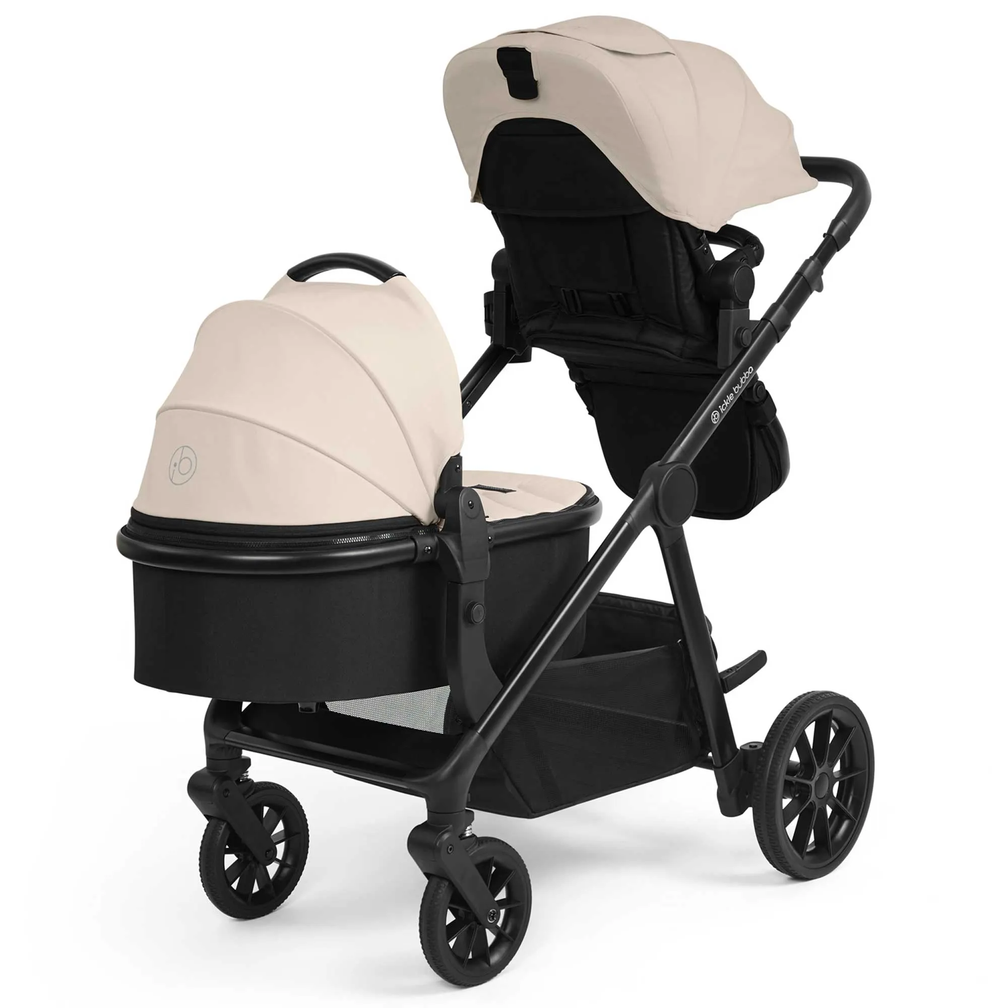 Ickle Bubba Virgo Growing Family 14 Piece Travel System with i-Size Cirrus Car Seat & ISOFIX Base - Black/Stone/Black