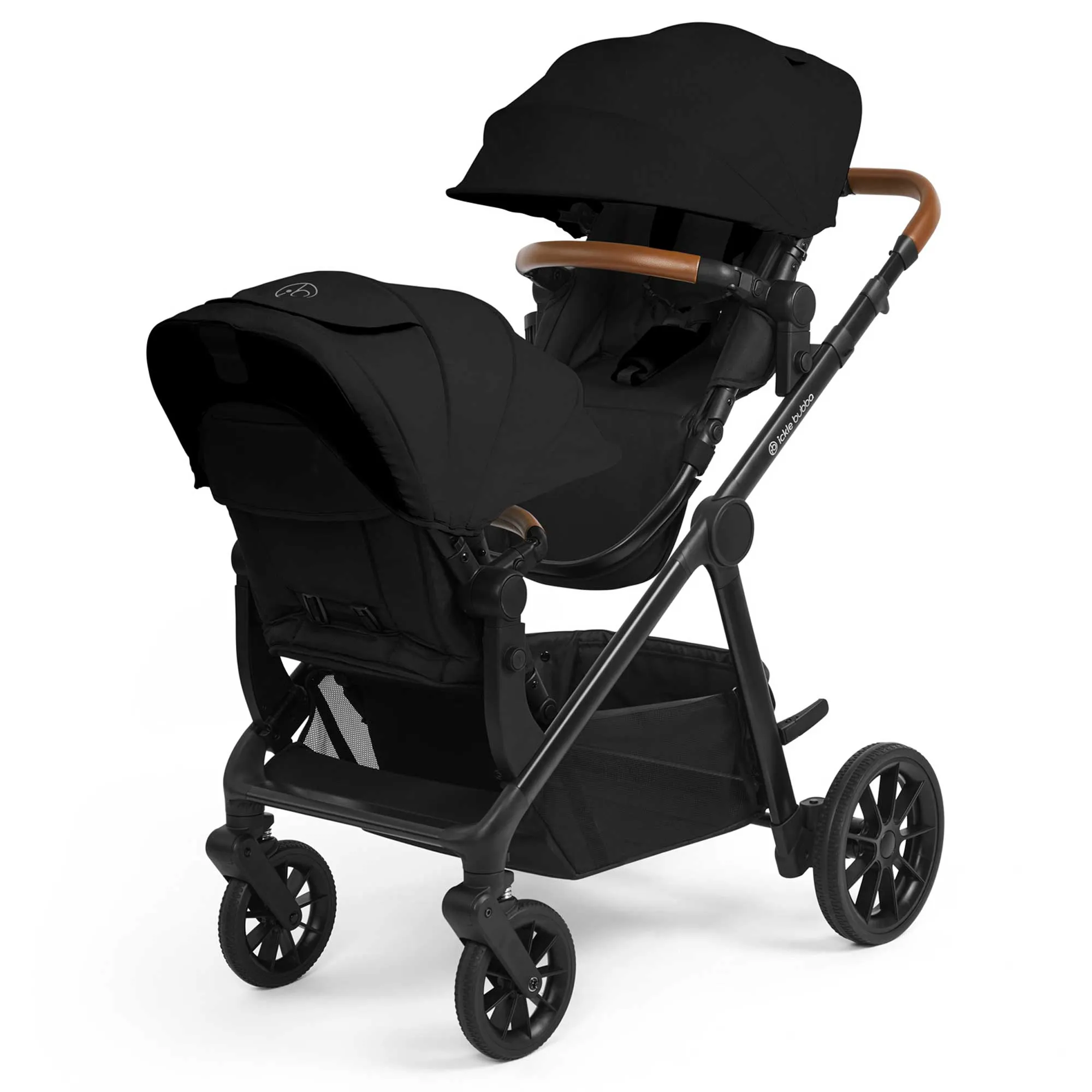 Ickle Bubba Virgo Twin 18 Piece Travel System with i-Size Cirrus Car Seats & ISOFIX Bases - Black/Black/Tan