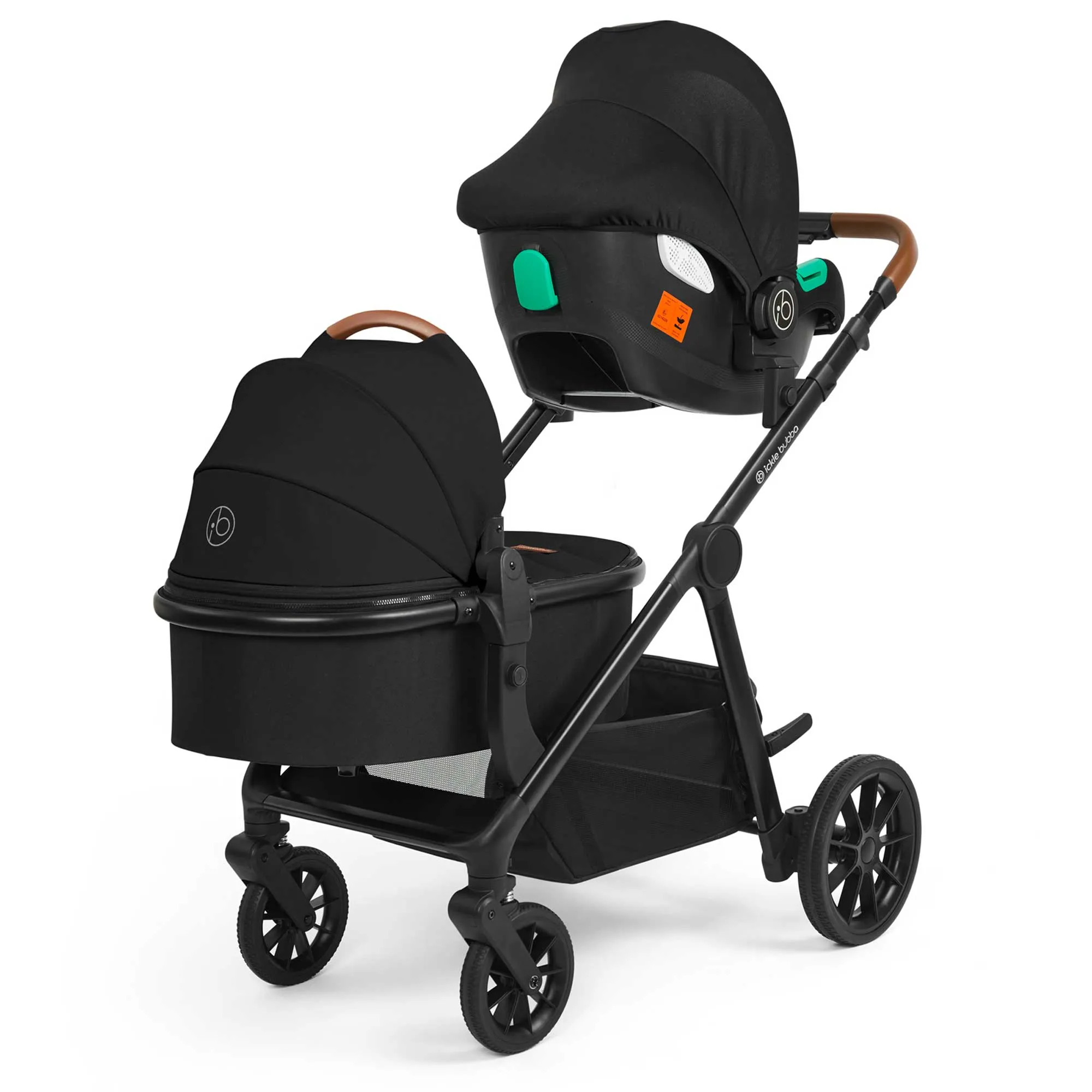 Ickle Bubba Virgo Twin 18 Piece Travel System with i-Size Cirrus Car Seats & ISOFIX Bases - Black/Black/Tan
