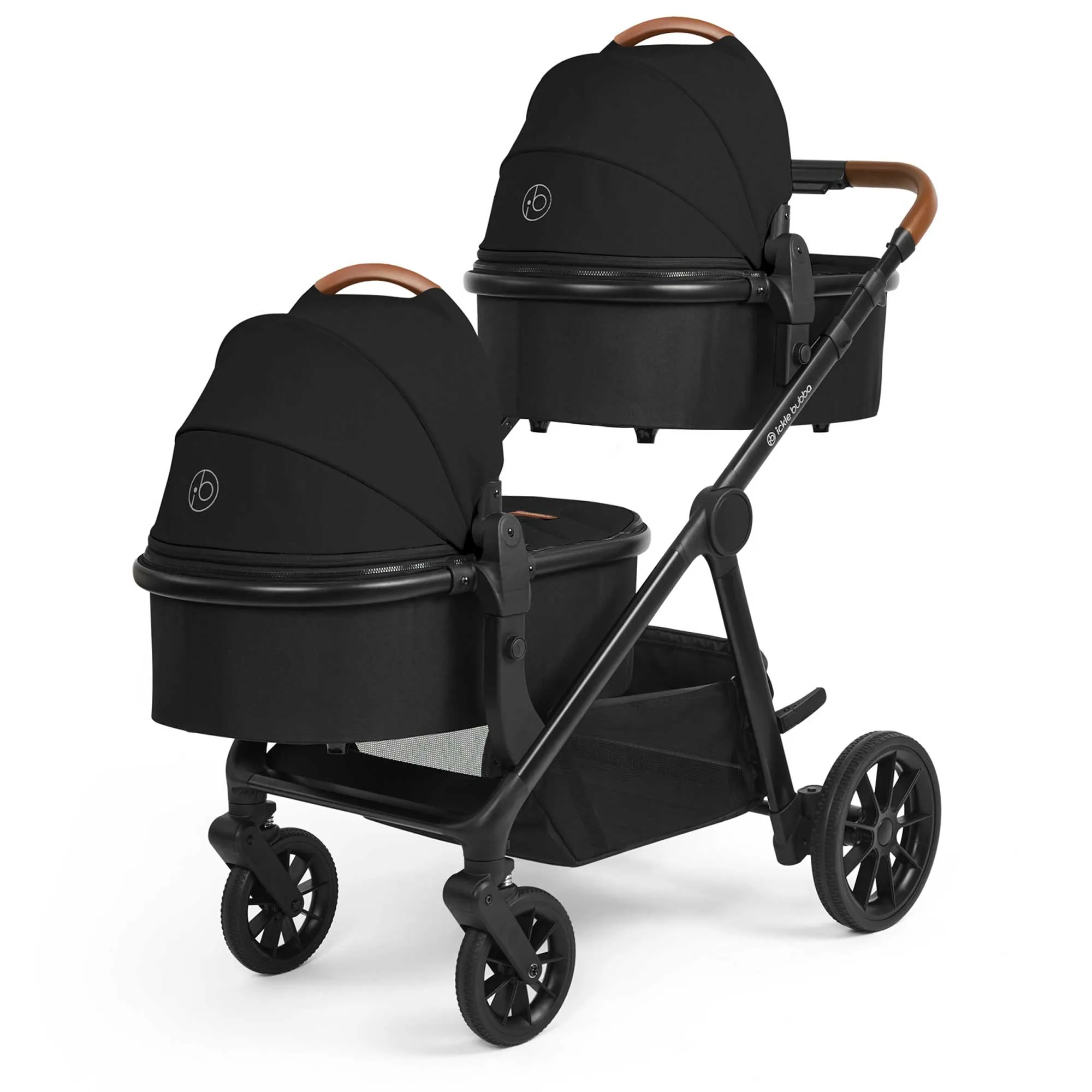 Ickle Bubba Virgo Twin 18 Piece Travel System with i-Size Cirrus Car Seats & ISOFIX Bases - Black/Black/Tan