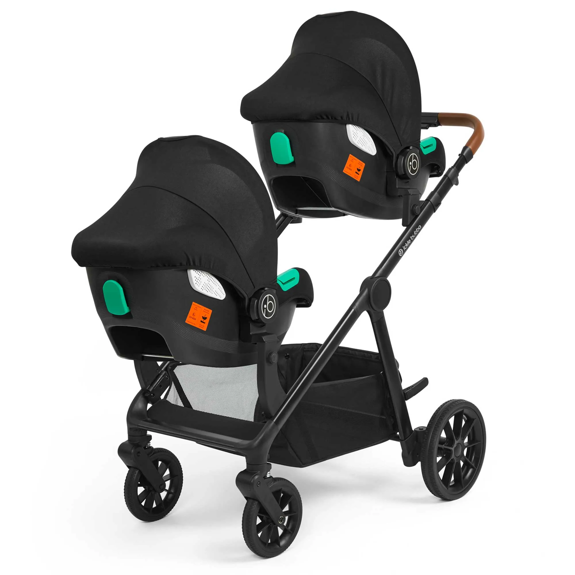 Ickle Bubba Virgo Twin 18 Piece Travel System with i-Size Cirrus Car Seats & ISOFIX Bases - Black/Black/Tan