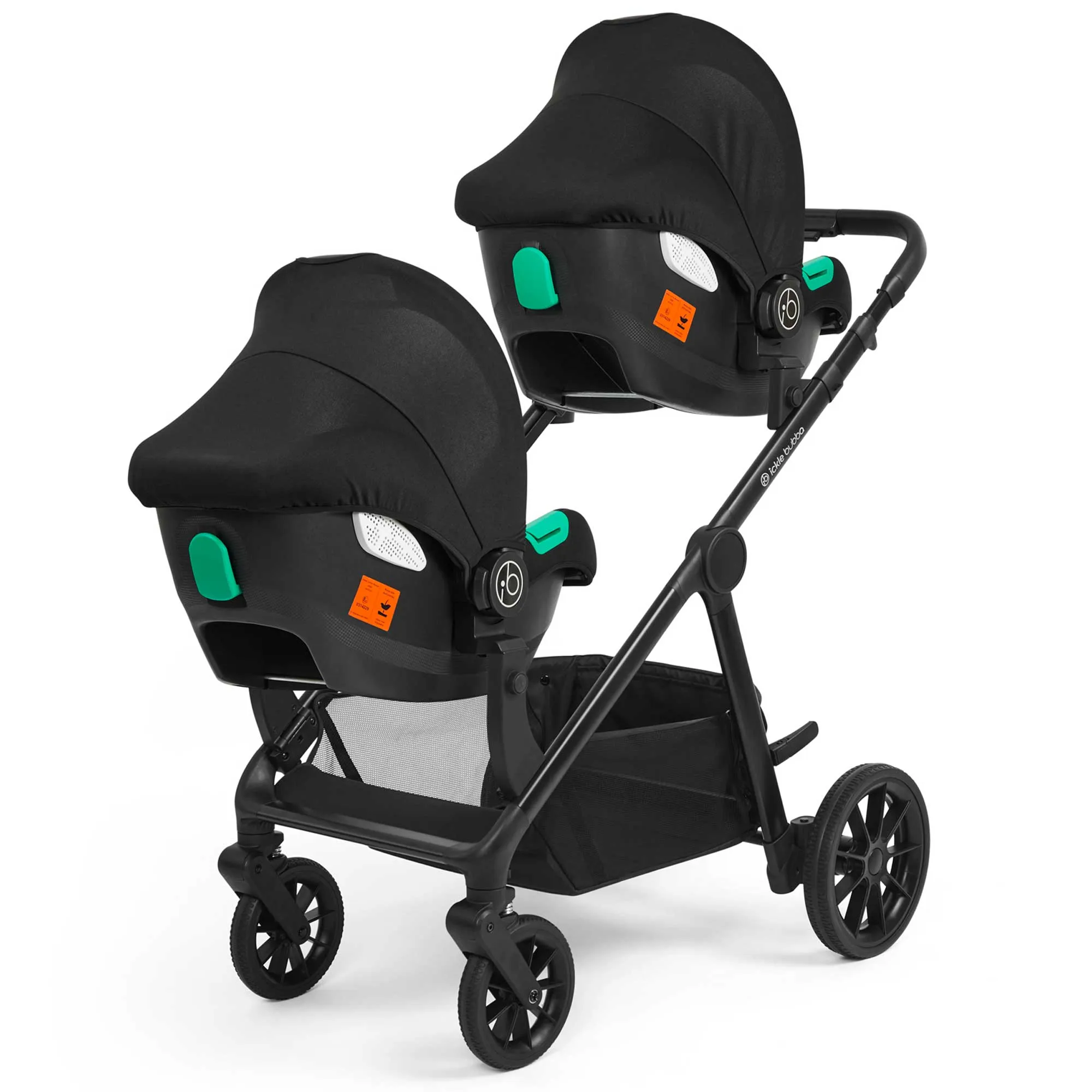 Ickle Bubba Virgo Twin 18 Piece Travel System with i-Size Cirrus Car Seats & ISOFIX Bases - Black/Stone/Black