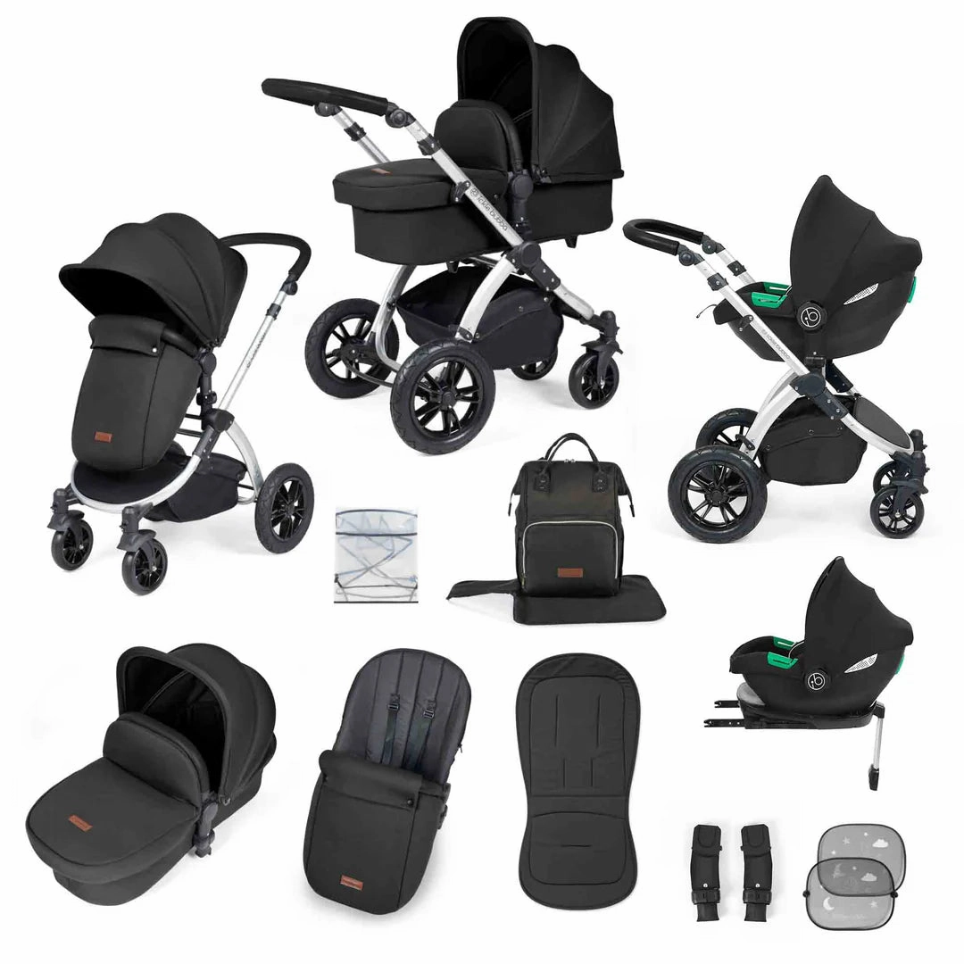 Ickle Bubba Stomp Luxe 12 Piece Travel System with i-Size Cirrus Car Seat & ISOFIX Base  - Black