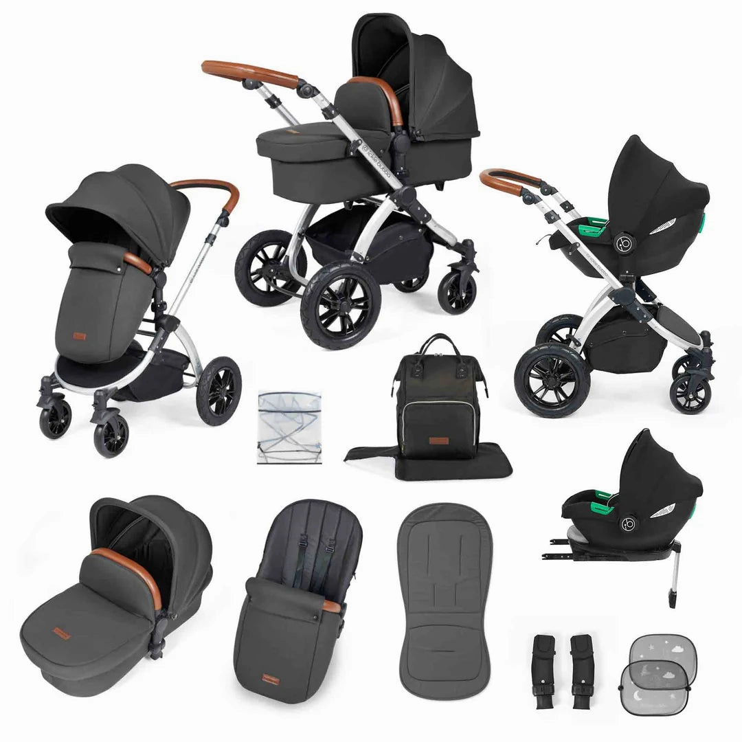 Ickle Bubba Stomp Luxe 12 Piece Travel System with i-Size Cirrus Car Seat & ISOFIX Base  - Charcoal Grey