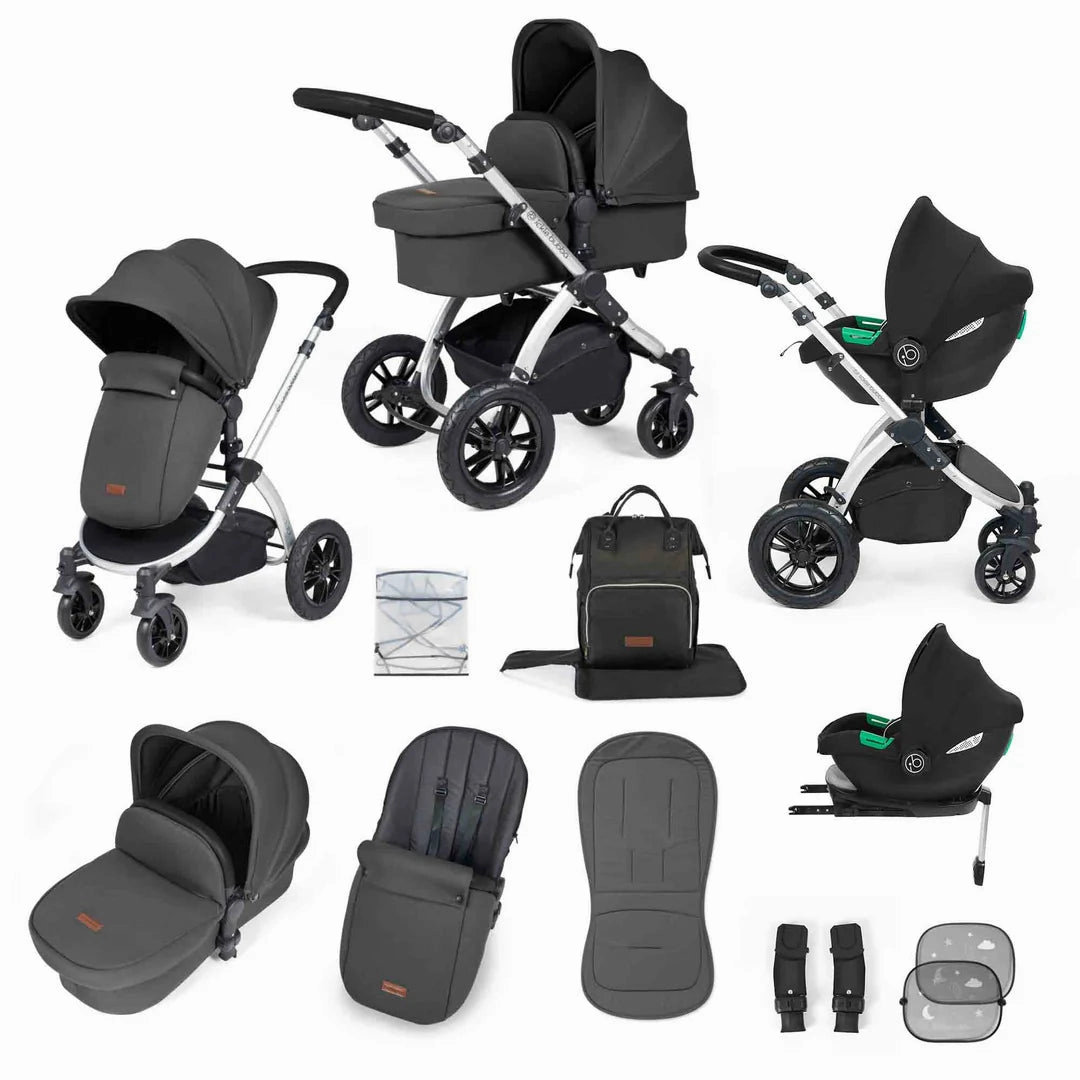 Ickle Bubba Stomp Luxe 12 Piece Travel System with i-Size Cirrus Car Seat & ISOFIX Base  - Charcoal Grey