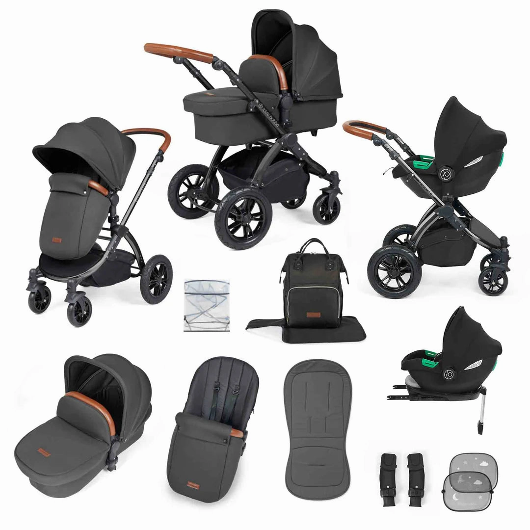 Ickle Bubba Stomp Luxe 12 Piece Travel System with i-Size Cirrus Car Seat & ISOFIX Base  - Charcoal Grey