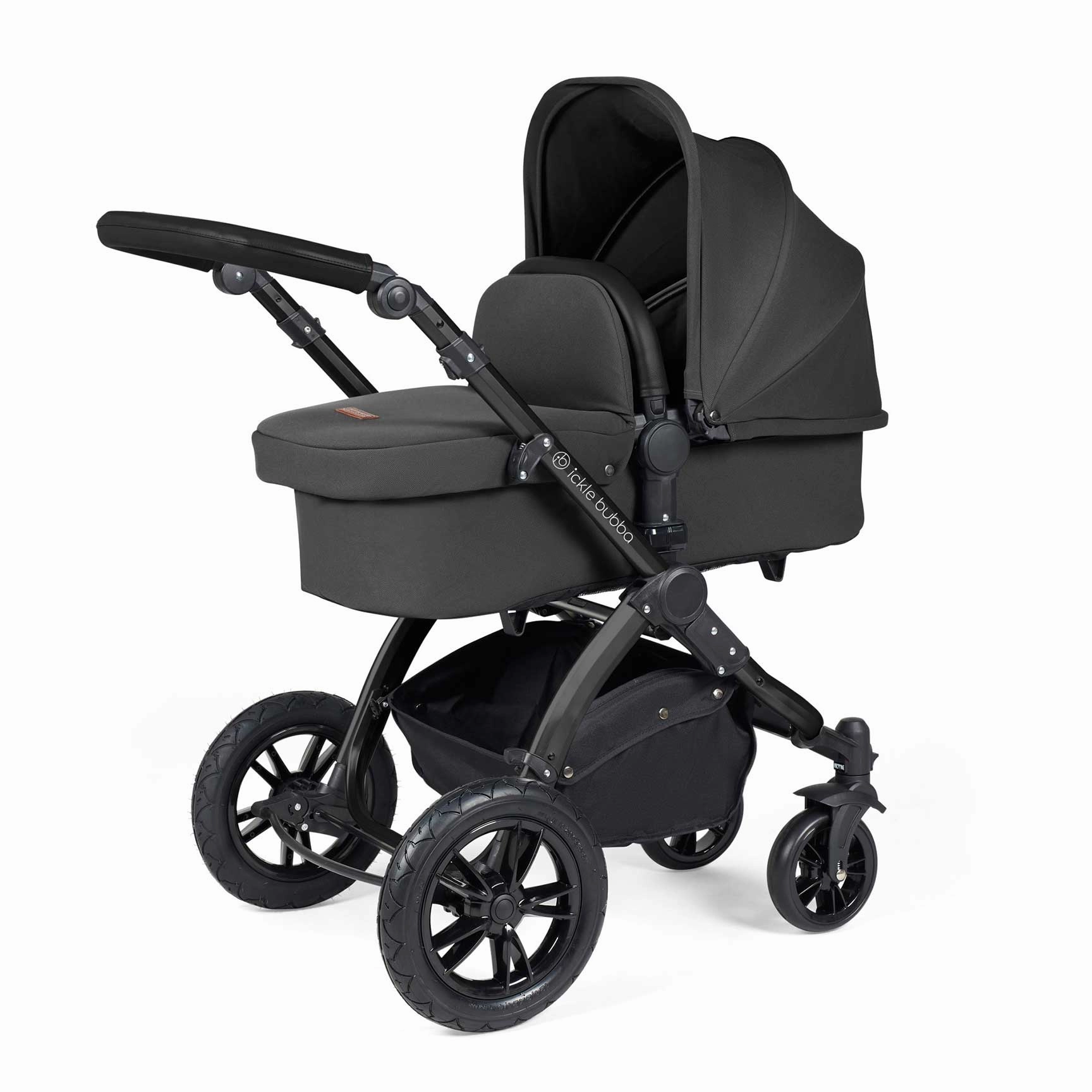 Ickle Bubba Stomp Luxe 2 in 1 Premium Pram - Black/Charcoal Grey/Black