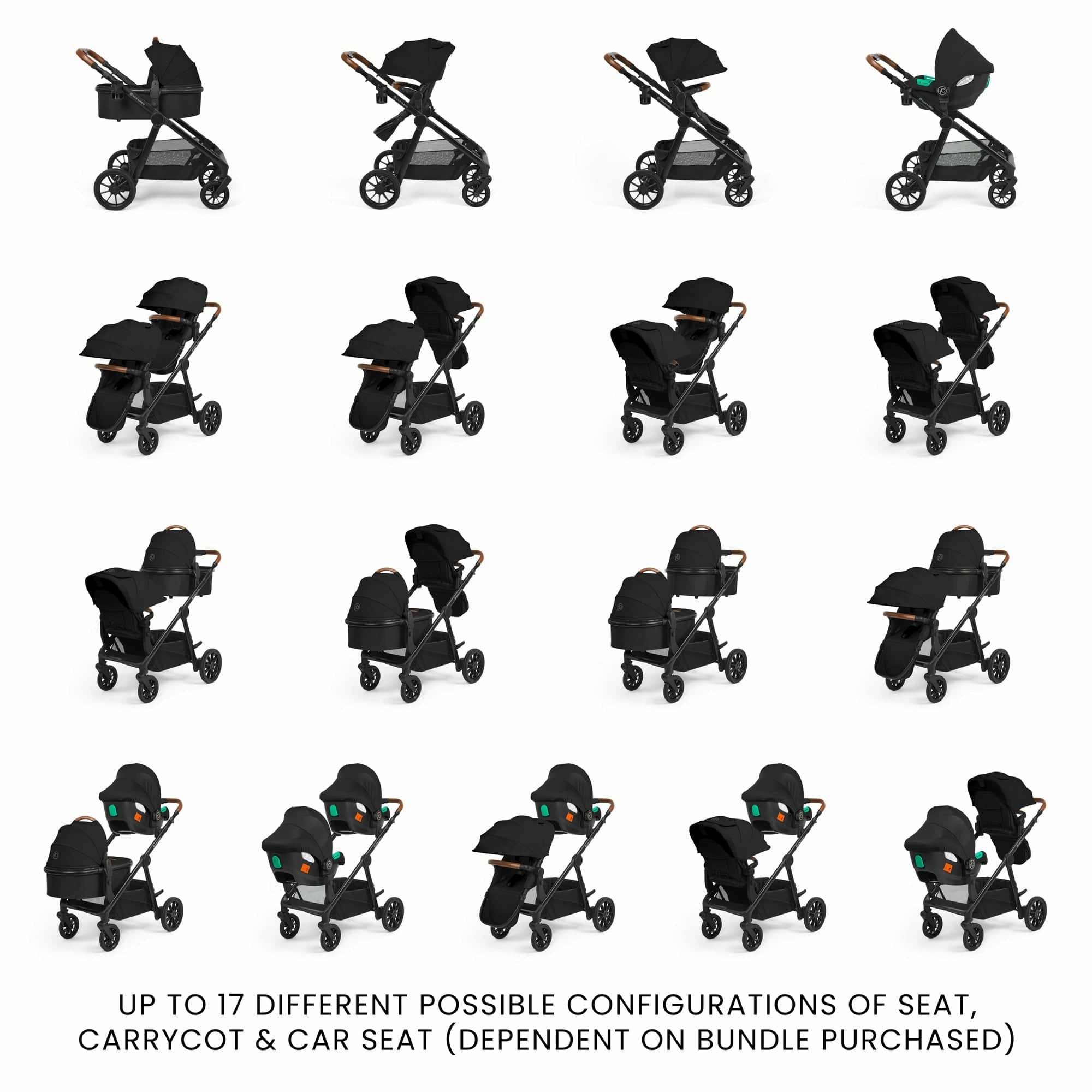 Ickle Bubba Virgo 2in1 Pushchair, Twin Package - Black / Black / Tan