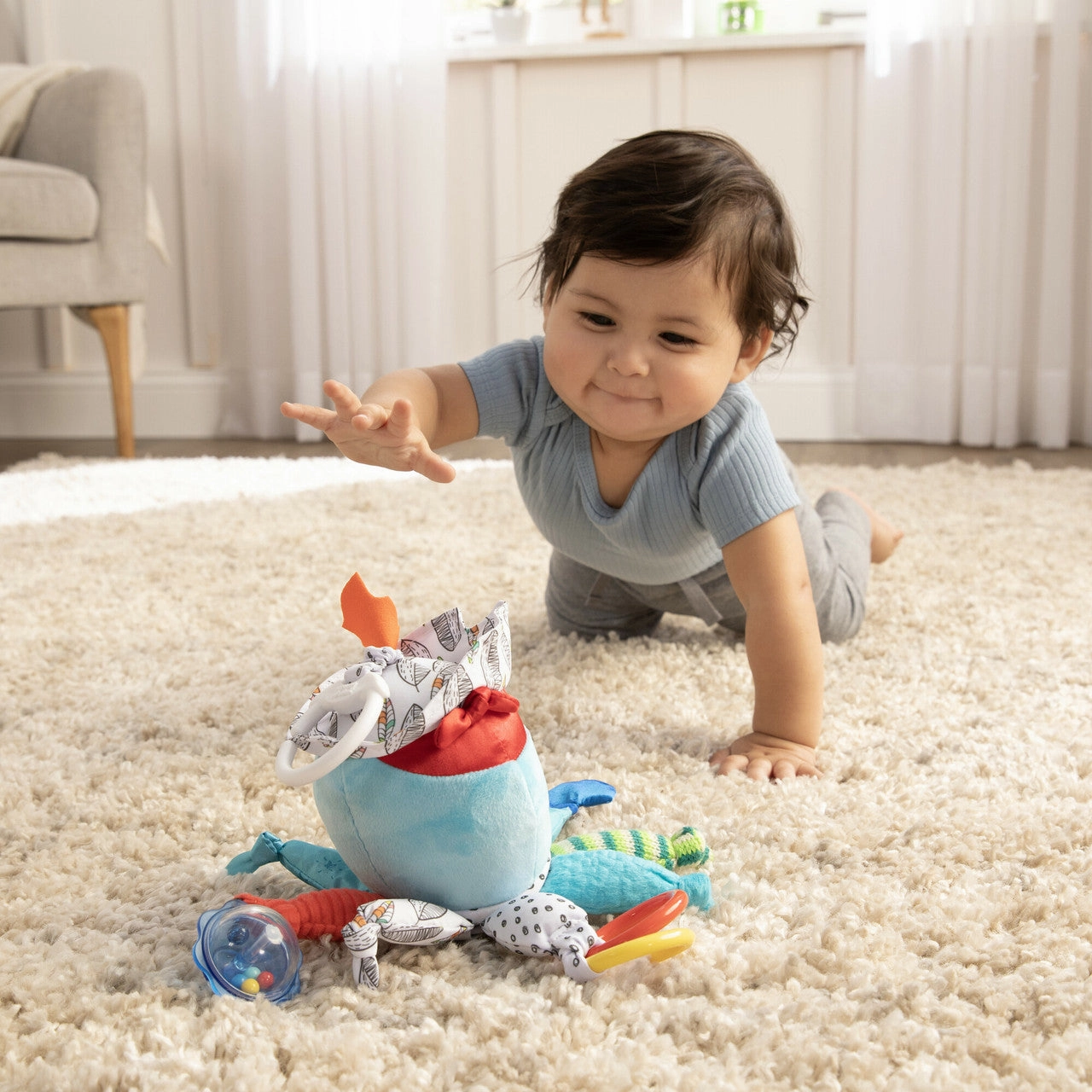 Lamaze Captain Calamari Clip-On Stroller Toy  Sensory Octopus with Crinkles, Mirror, Rattles & Teethers  Developmental Baby Toy