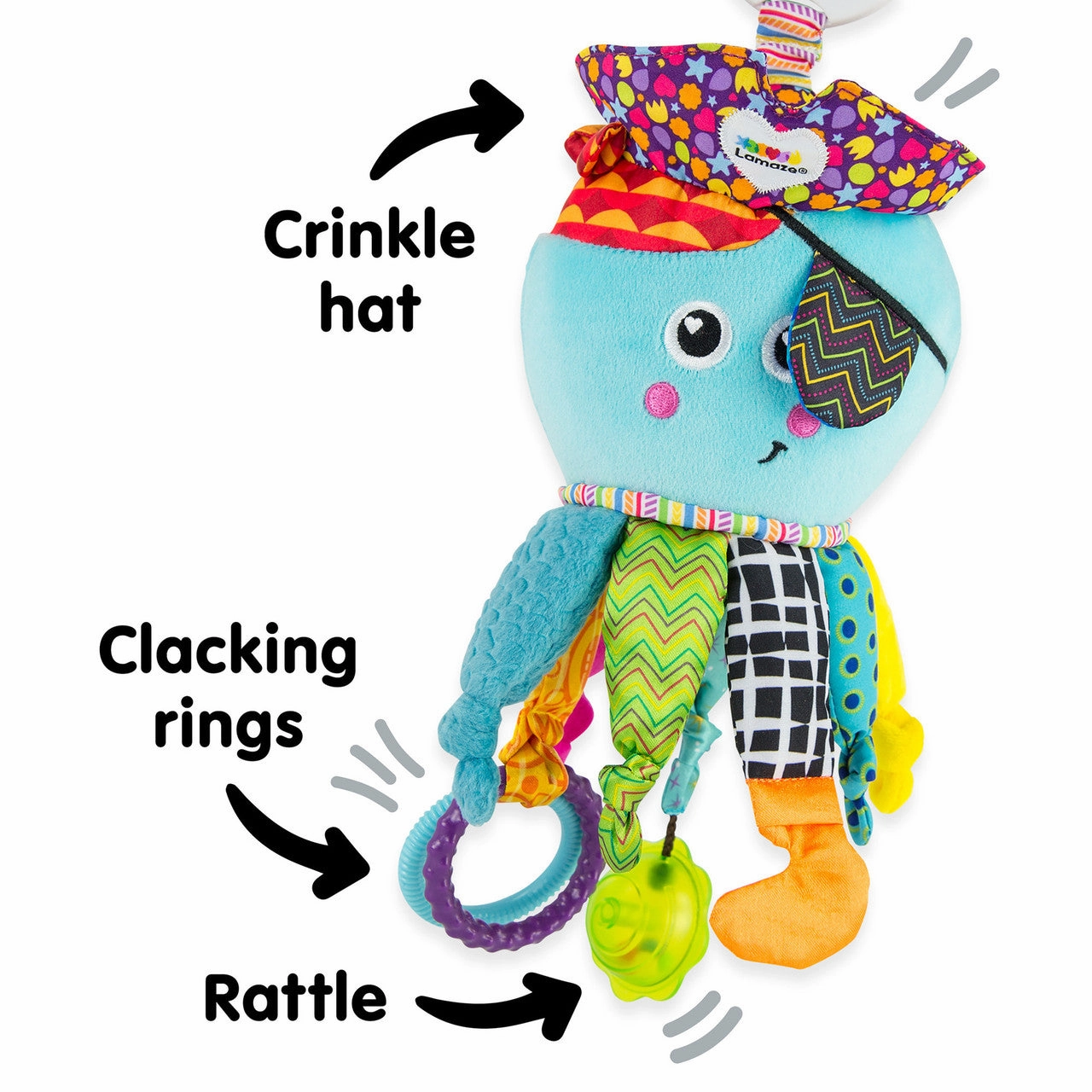 Lamaze Captain Calamari Clip-On Stroller Toy  Sensory Octopus with Crinkles, Mirror, Rattles & Teethers  Developmental Baby Toy