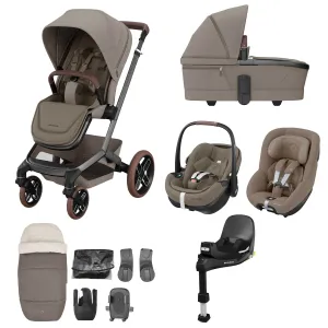 Maxi-Cosi FAME 10 Piece Premium Family 360 Pro Bundle in Twillic Truffle (Brown Wheels)
