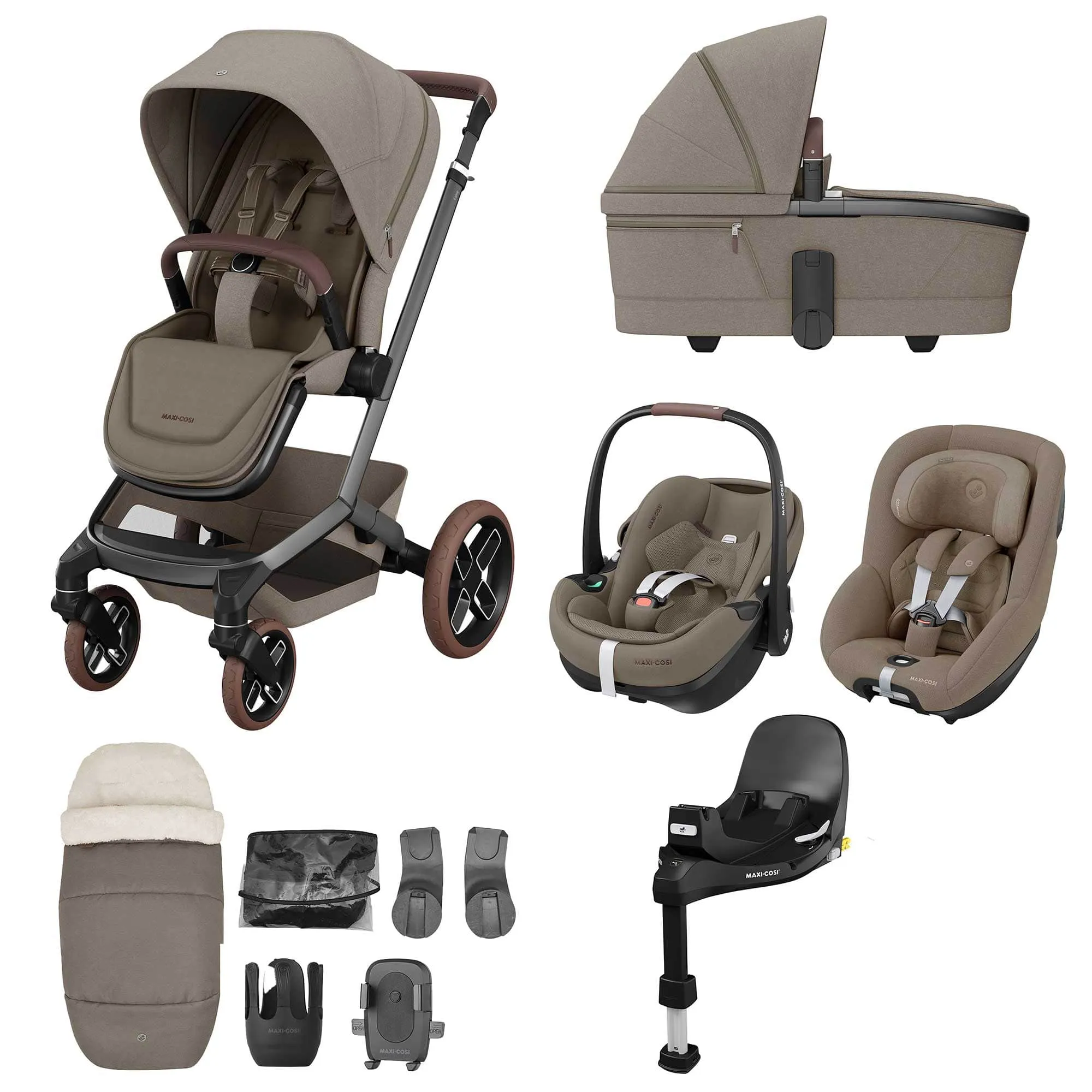 Maxi-Cosi FAME 10 Piece Premium Family 360 Pro Bundle in Twillic Truffle (Brown Wheels)