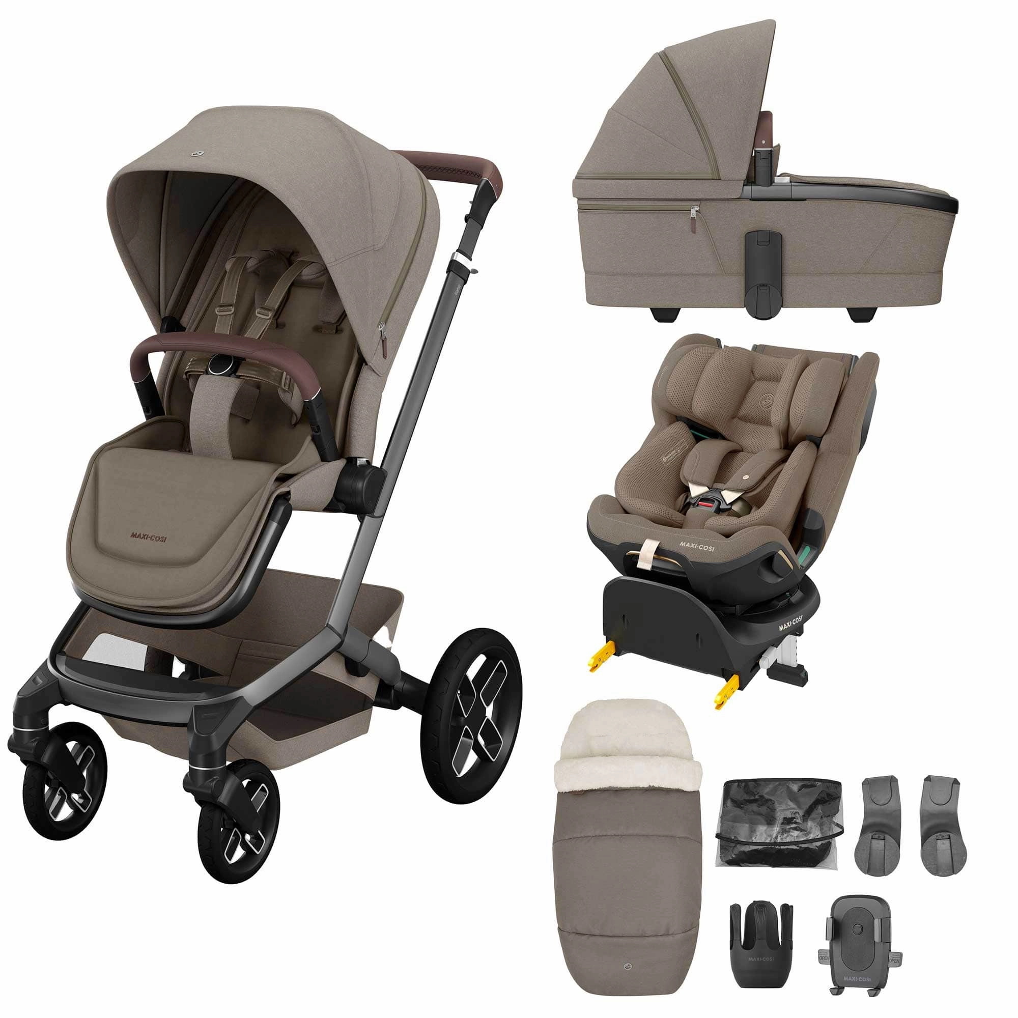 Maxi-Cosi FAME 9 Piece Emerald 360 pro 2 Bundle in Twillic Truffle (Black Wheels)
