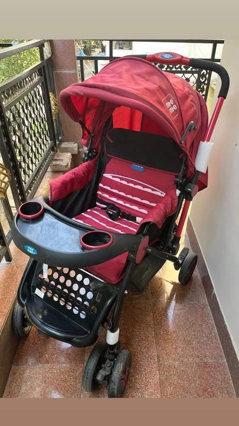 MEE MEE Baby Stroller Pram for 0-3 Years | 5-Point Harness, 3 Level Adjustable Canopy, 3 Recline Position, Reversible Handle | Detachable Feeding Tray with Large Stogare Basket (Red)    2/2