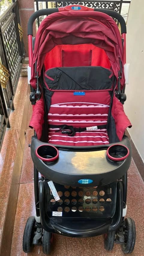 MEE MEE Baby Stroller Pram for 0-3 Years | 5-Point Harness, 3 Level Adjustable Canopy, 3 Recline Position, Reversible Handle | Detachable Feeding Tray with Large Stogare Basket (Red)    2/2