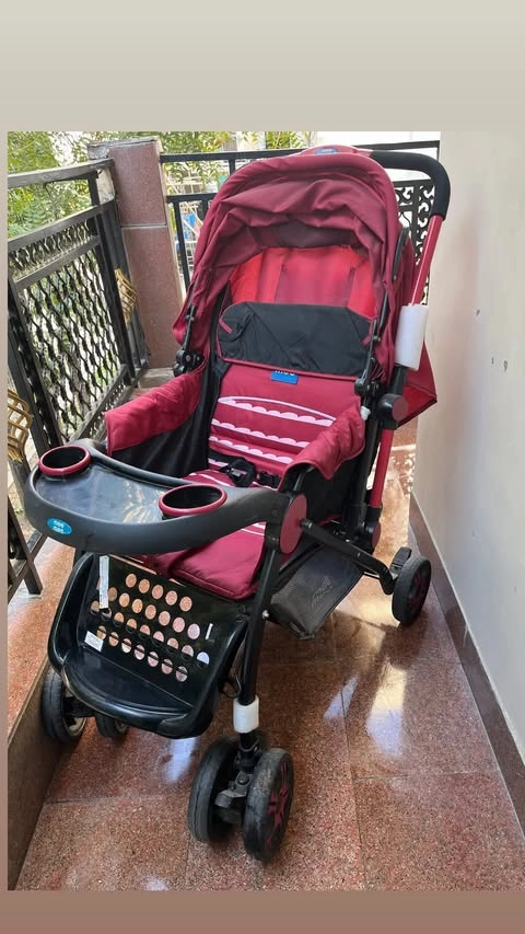 MEE MEE Baby Stroller Pram for 0-3 Years | 5-Point Harness, 3 Level Adjustable Canopy, 3 Recline Position, Reversible Handle | Detachable Feeding Tray with Large Stogare Basket (Red)    2/2