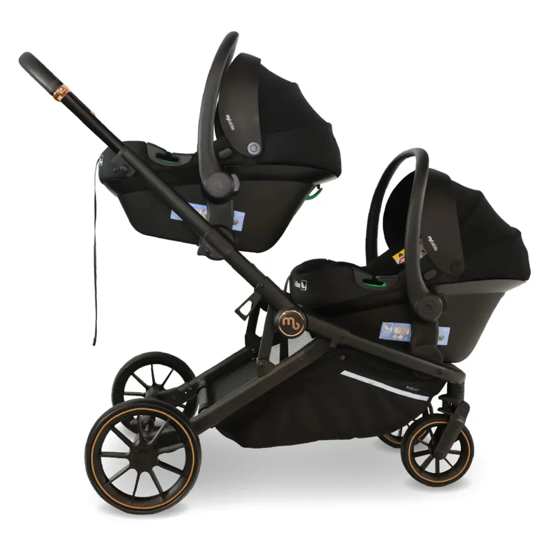 My Babiie MB33 Tandem Pushchair with 2 Infant Carriers - Black Leopard