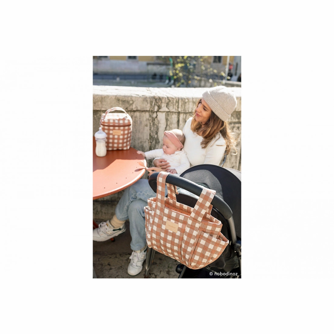 nobodinoz Hyde Park Stroller Organizer Terracotta Checks