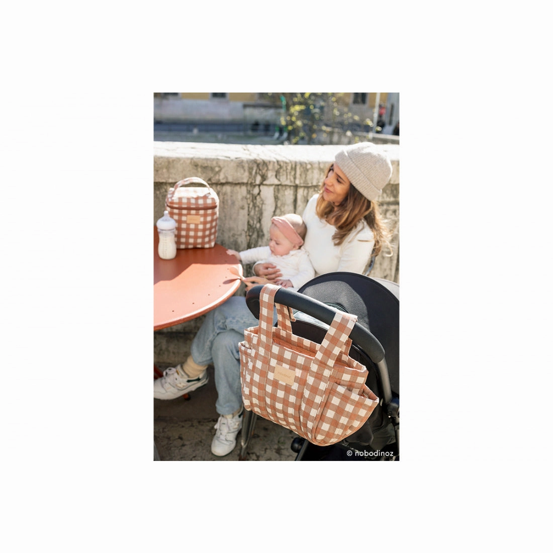 nobodinoz Hyde Park Stroller Organizer Terracotta Checks