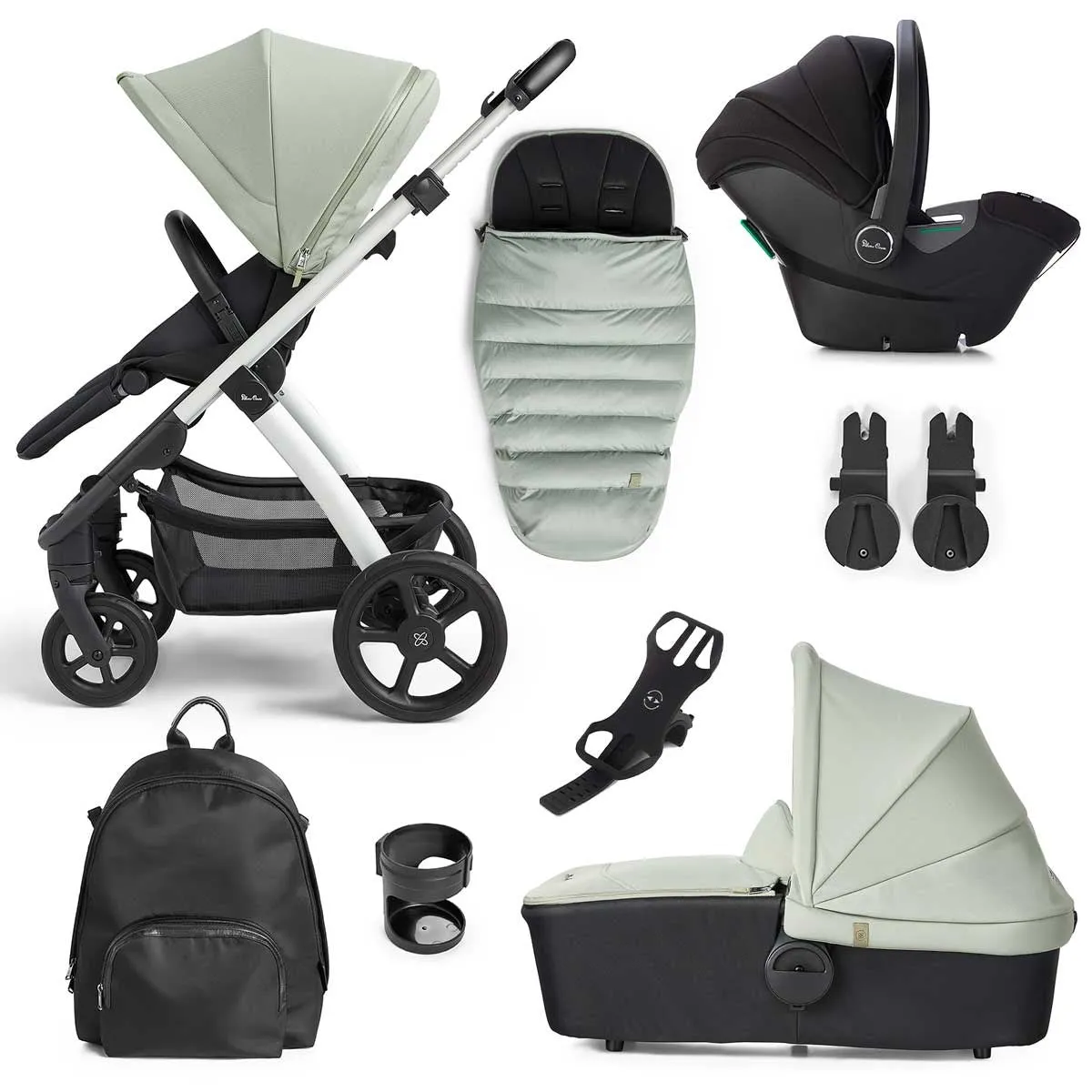 Silver Cross Tide 3-in-1 Dream Travel System   Free Accessories Pack Bundle, Sage on Silver