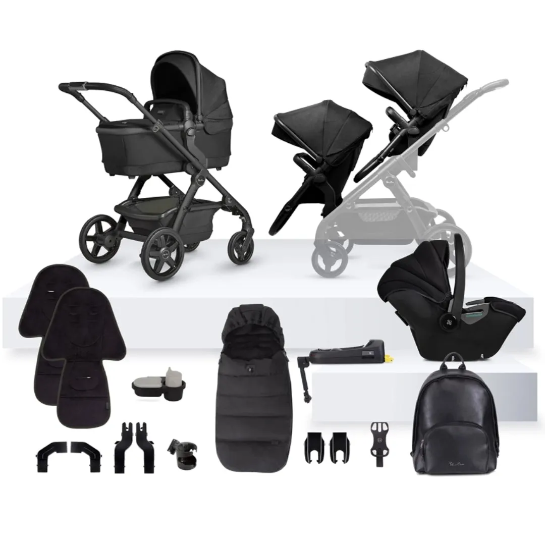 Silver Cross Wave 3 Single to Double Travel System Growing Family Bundle with Dream i-Size (22 Piece) - Onyx